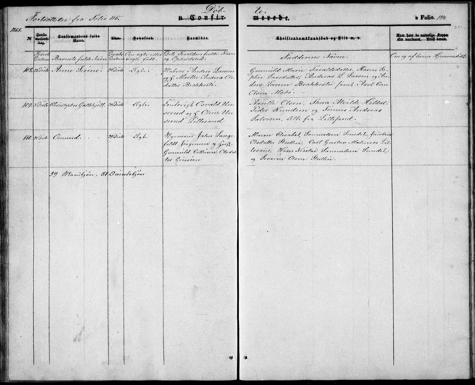 Vestre Moland sokneprestkontor, SAK/1111-0046/F/Fb/Fbb/L0003: Parish register (copy) no. B 3, 1851-1861, p. 154