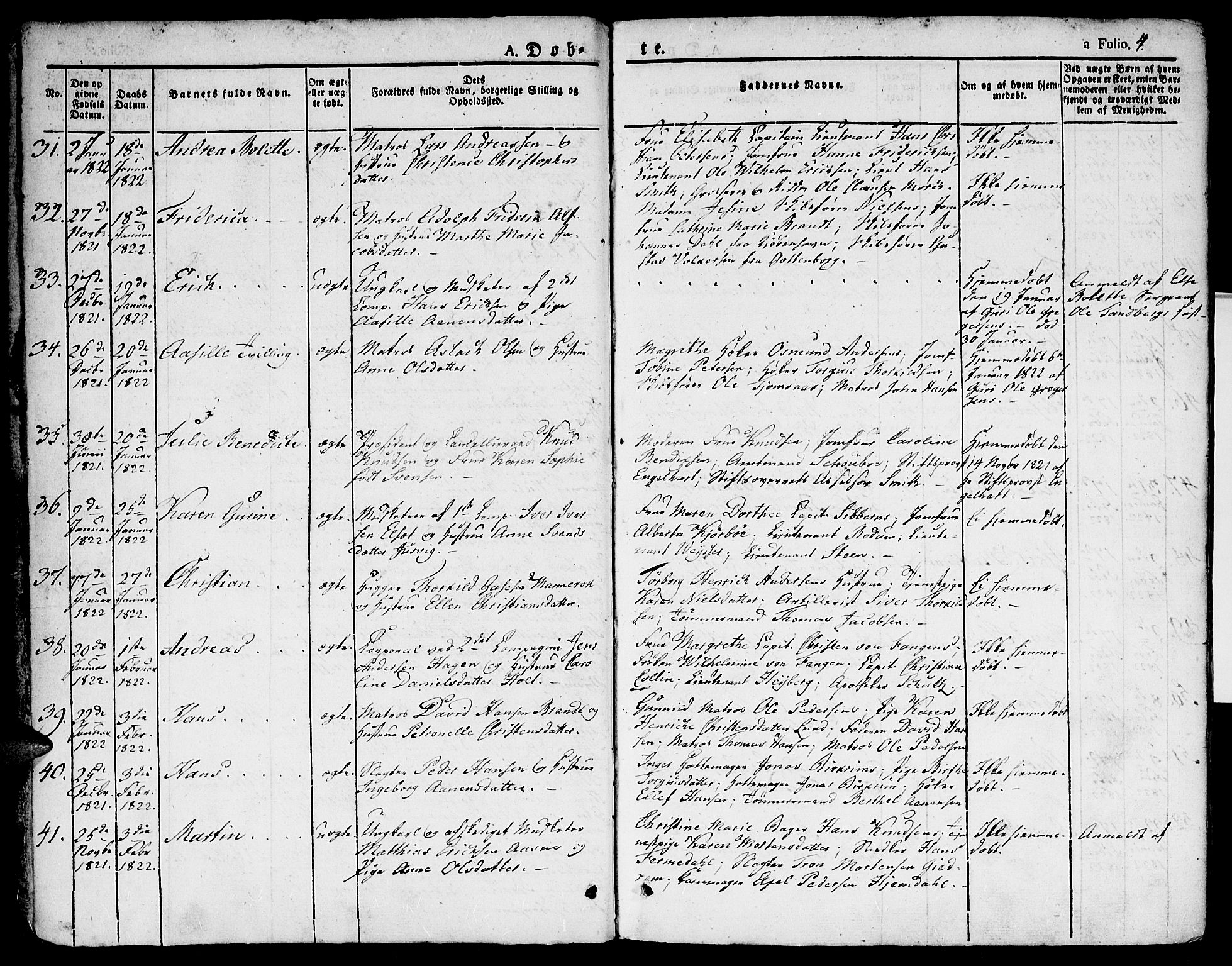 Kristiansand domprosti, SAK/1112-0006/F/Fa/L0009: Parish register (official) no. A 9, 1821-1827, p. 4