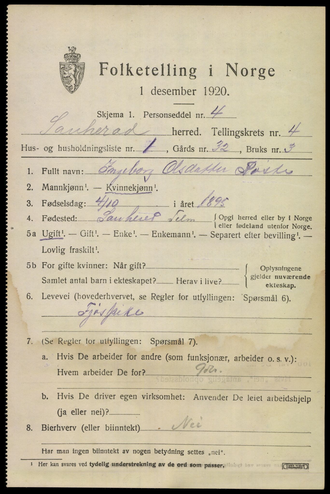 SAKO, 1920 census for Sauherad, 1920, p. 3613