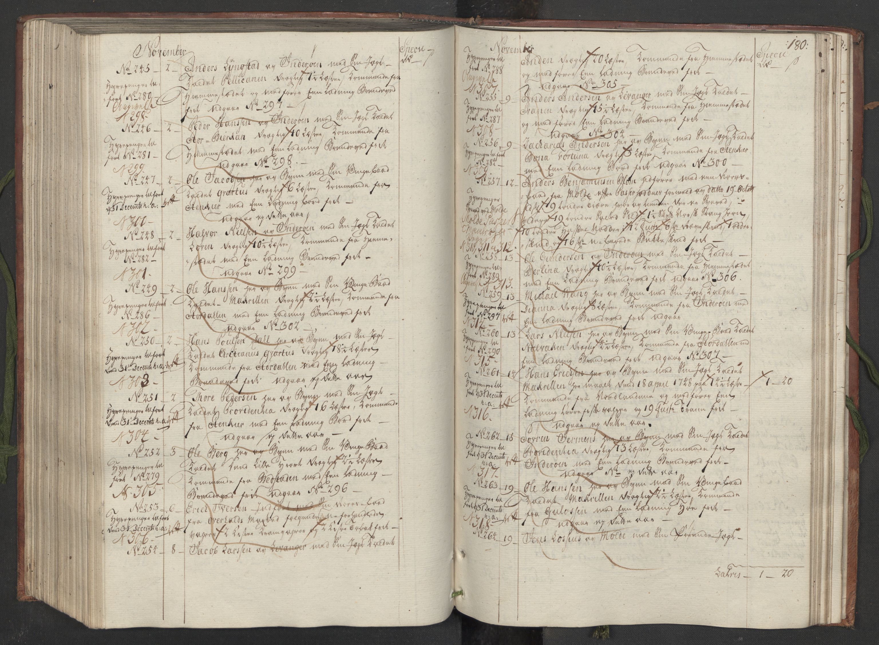 Generaltollkammeret, tollregnskaper, AV/RA-EA-5490/R33/L0082/0001: Tollregnskaper Trondheim A / Inngående hovedtollbok, 1764, p. 179b-180a