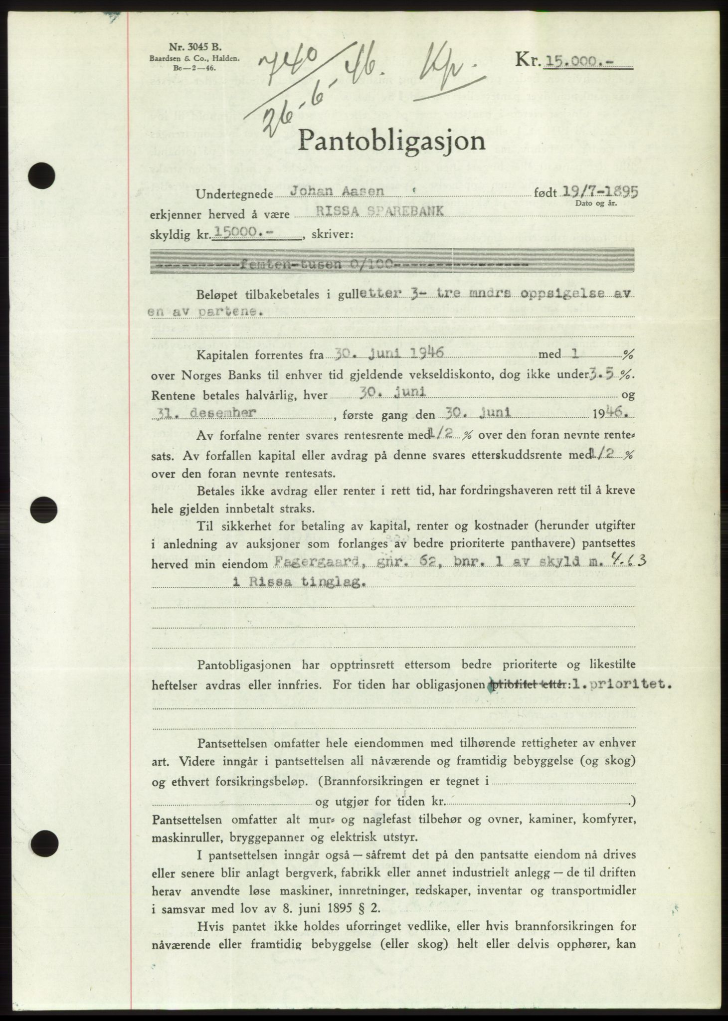 Fosen sorenskriveri, AV/SAT-A-1107/1/2/2C: Mortgage book no. B, 1946-1948, Diary no: : 740/1946