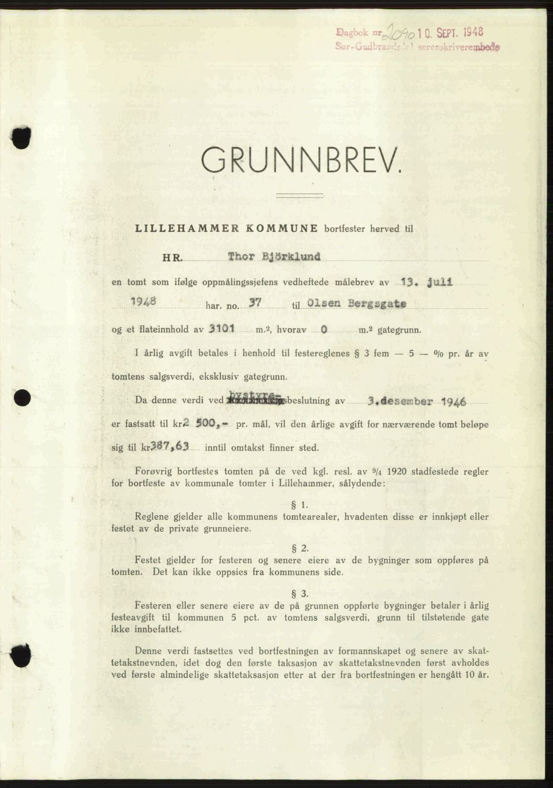 Sør-Gudbrandsdal tingrett, SAH/TING-004/H/Hb/Hbd/L0022: Mortgage book no. A22, 1948-1948, Diary no: : 2090/1948