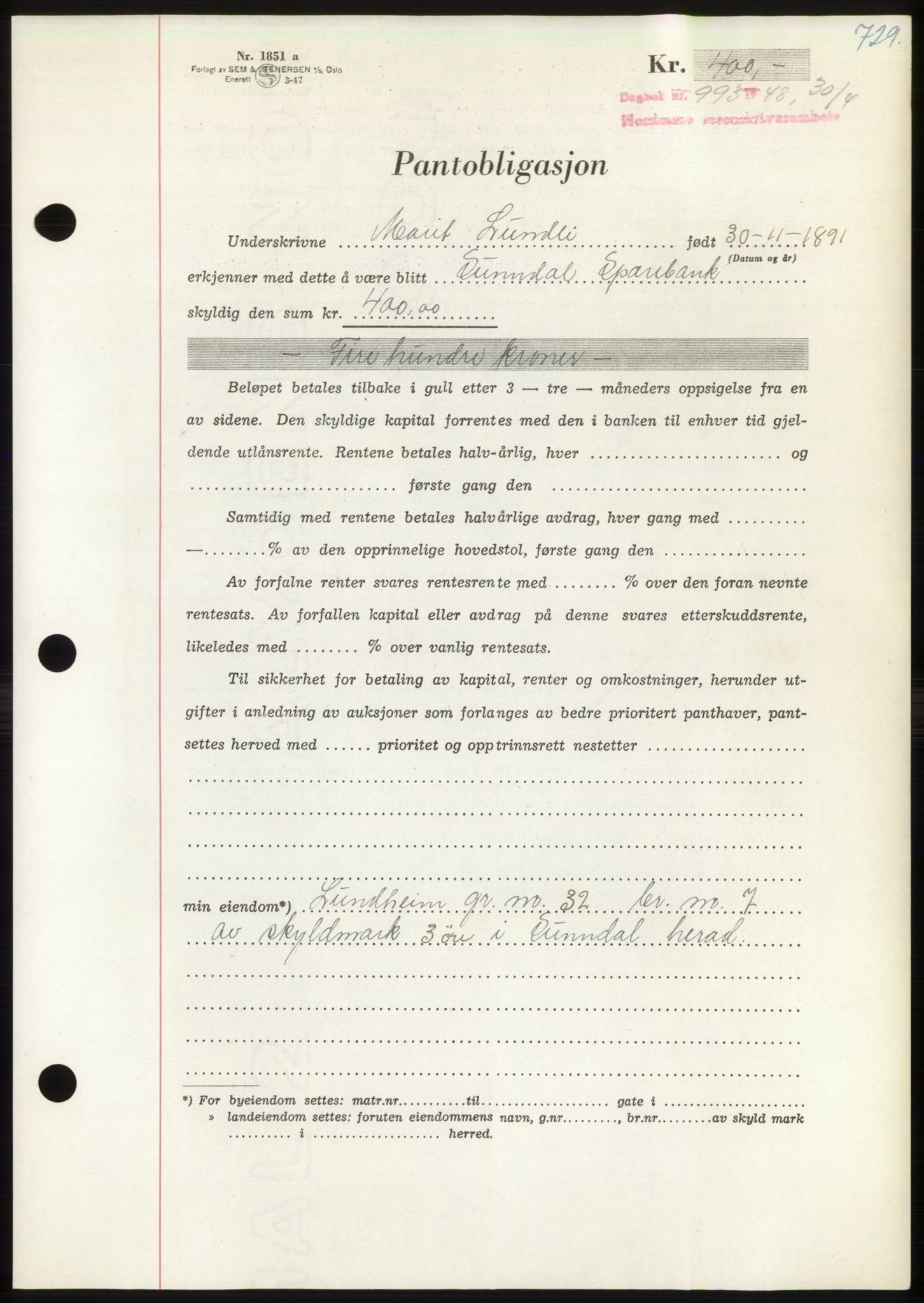 Nordmøre sorenskriveri, AV/SAT-A-4132/1/2/2Ca: Mortgage book no. B98, 1948-1948, Diary no: : 993/1948