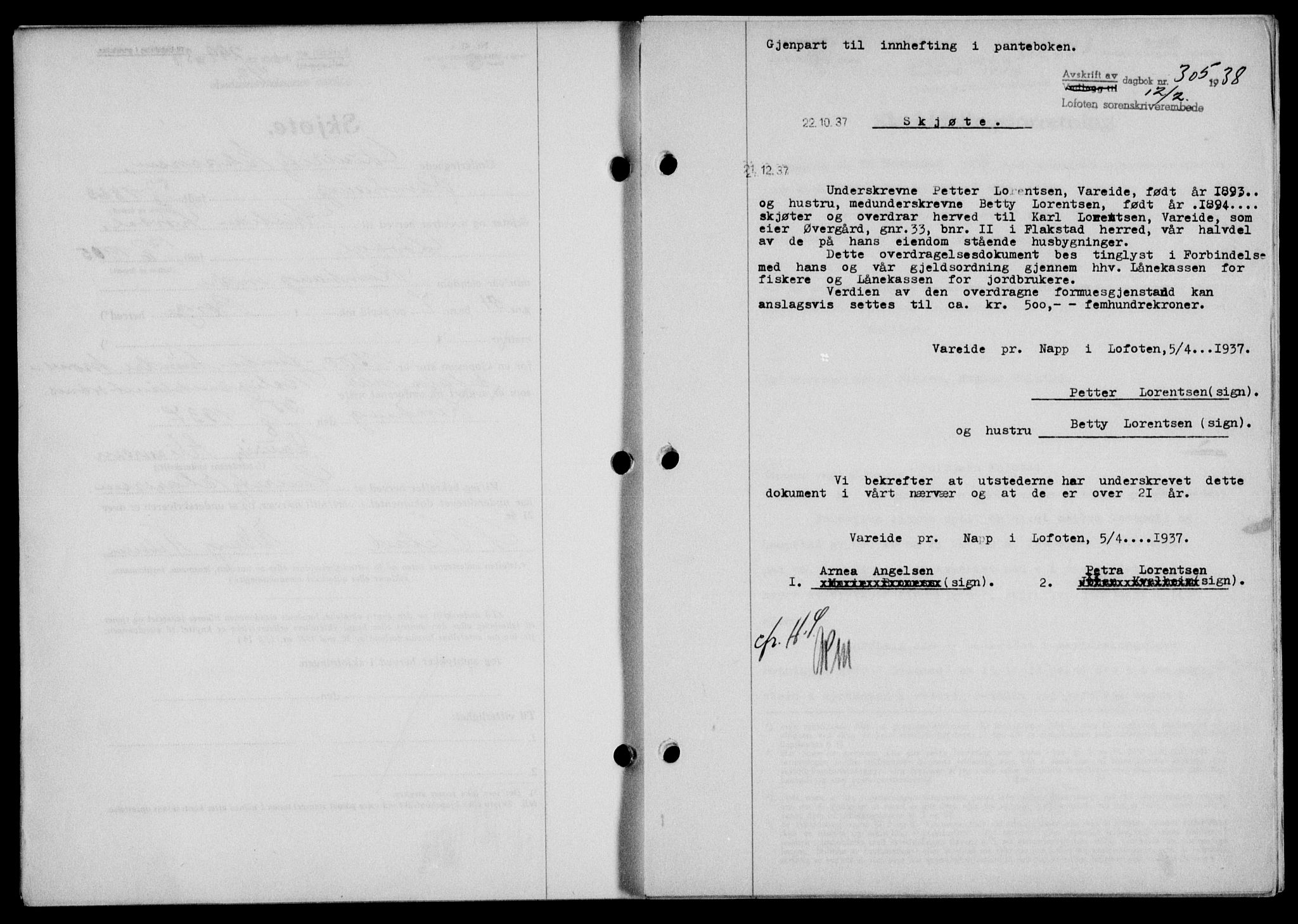 Lofoten sorenskriveri, SAT/A-0017/1/2/2C/L0003a: Mortgage book no. 3a, 1937-1938, Diary no: : 305/1938