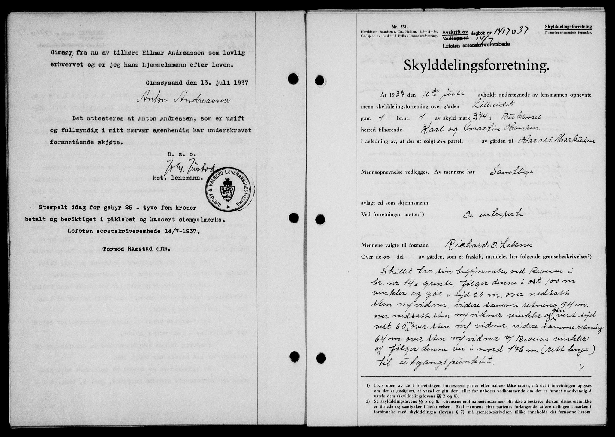 Lofoten sorenskriveri, SAT/A-0017/1/2/2C/L0002a: Mortgage book no. 2a, 1937-1937, Diary no: : 1417/1937