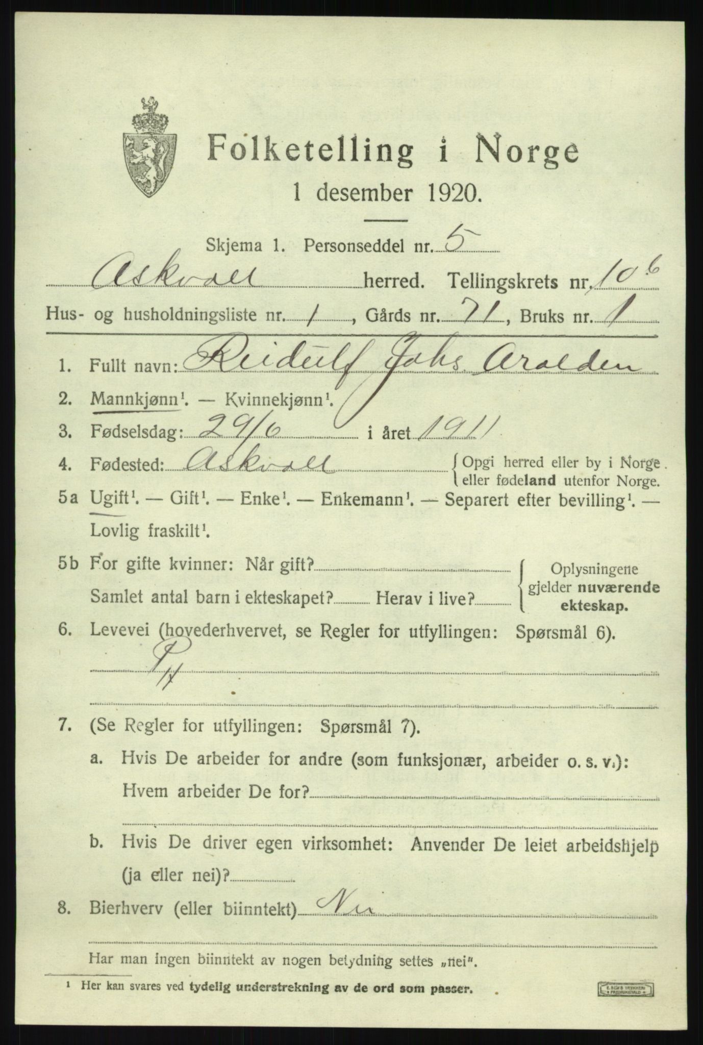 SAB, 1920 census for Askvoll, 1920, p. 4342