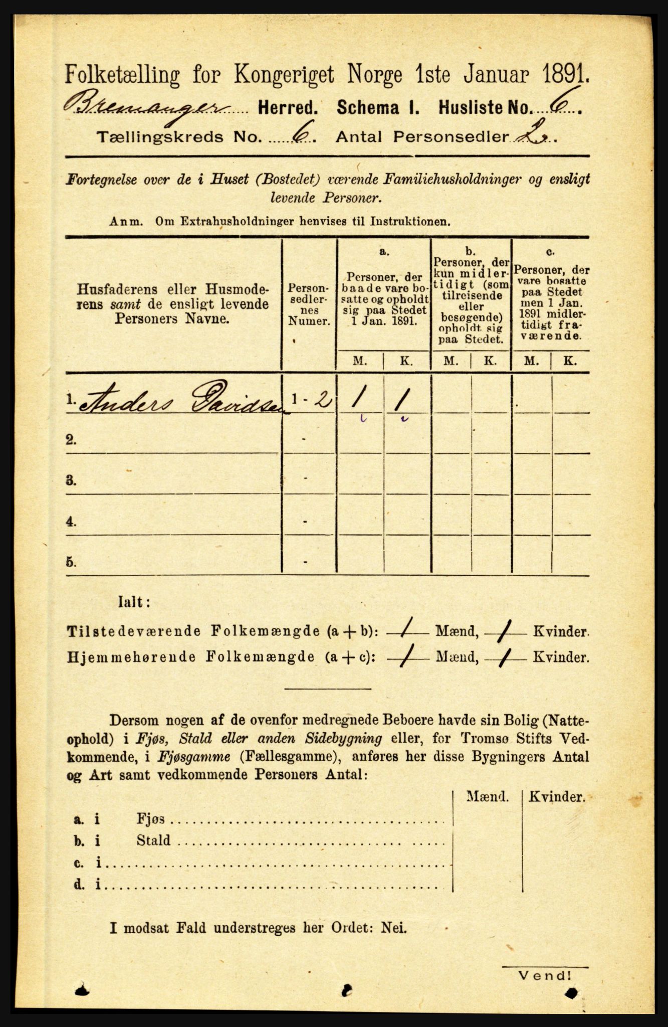 RA, 1891 census for 1438 Bremanger, 1891, p. 2332