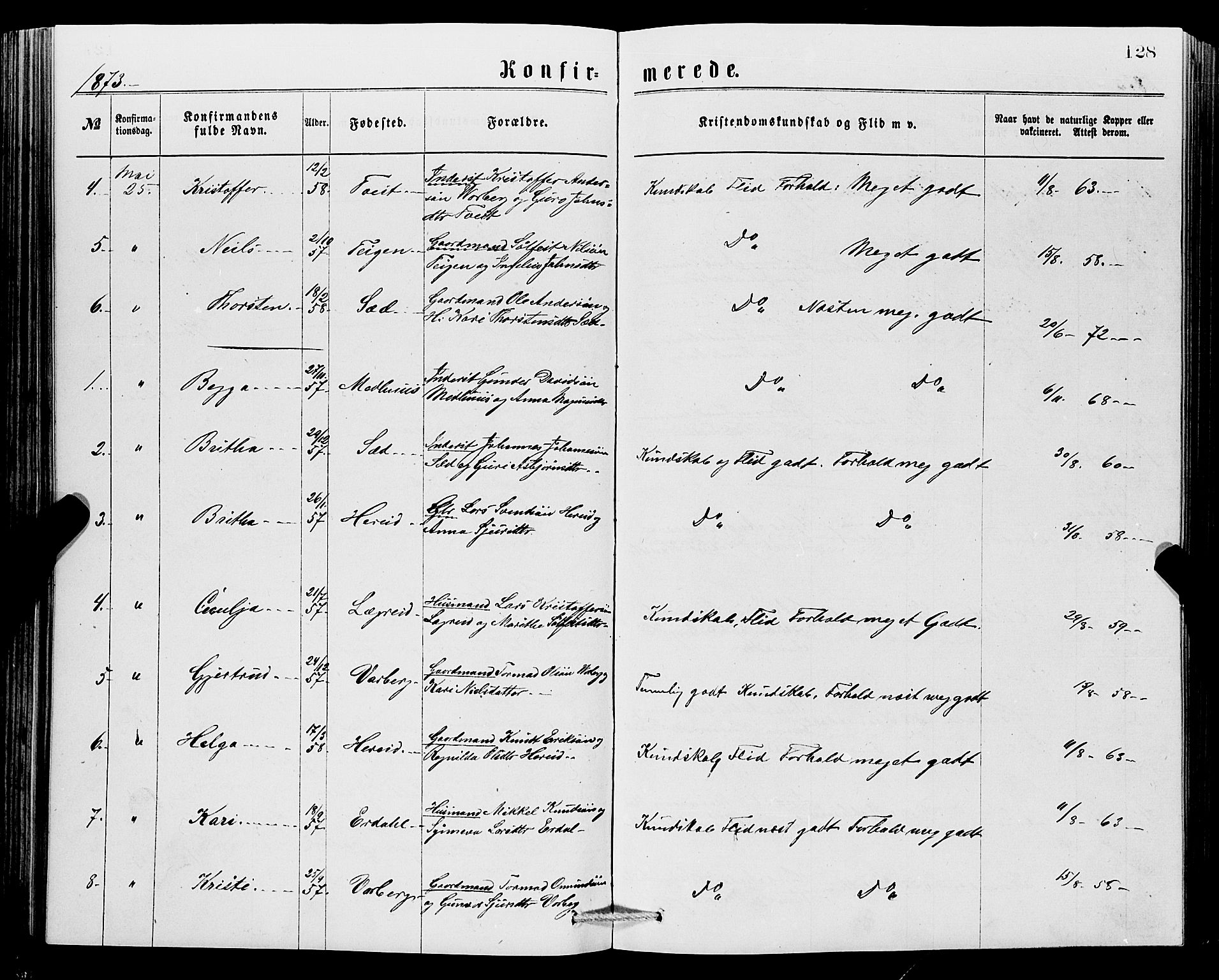 Ullensvang sokneprestembete, SAB/A-78701/H/Hab: Parish register (copy) no. C 2, 1871-1899, p. 128