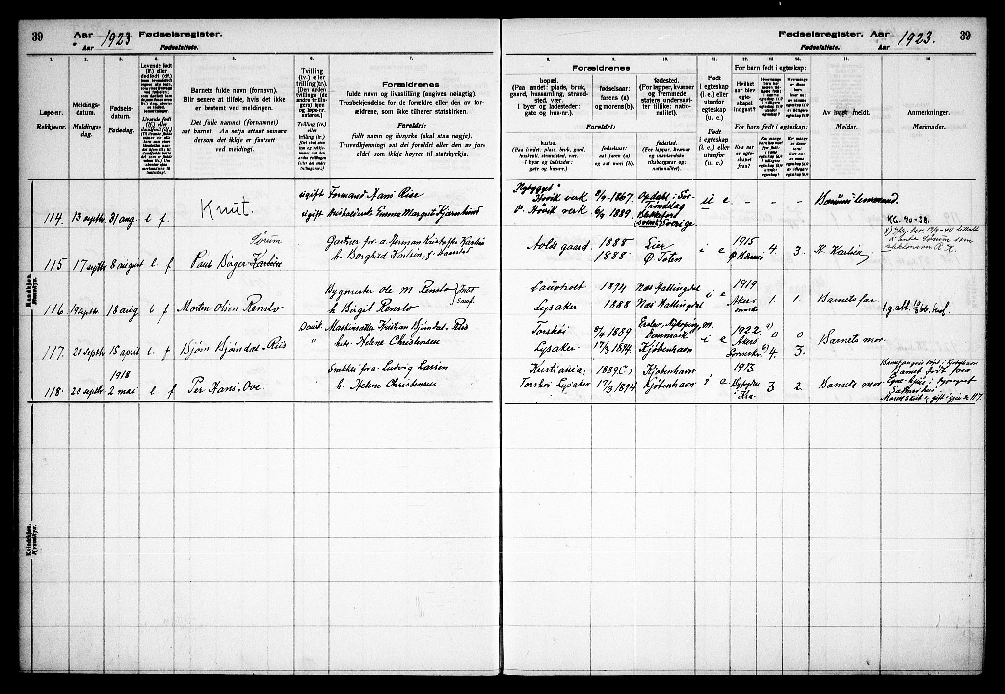 Østre Bærum prestekontor Kirkebøker, AV/SAO-A-10887/J/Ja/L0002: Birth register no. 2, 1922-1928, p. 39