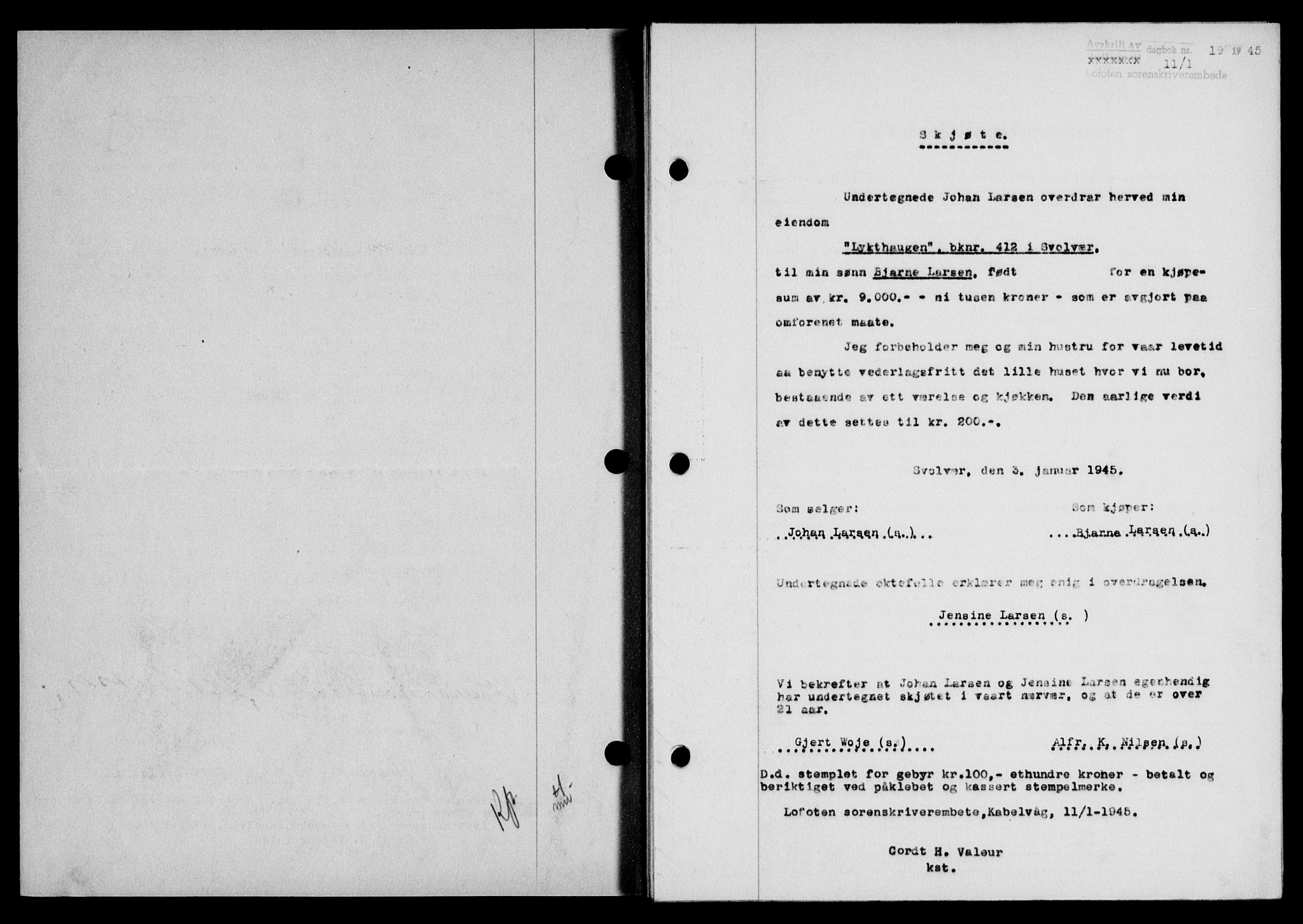 Lofoten sorenskriveri, SAT/A-0017/1/2/2C/L0013a: Mortgage book no. 13a, 1944-1946, Diary no: : 19/1945