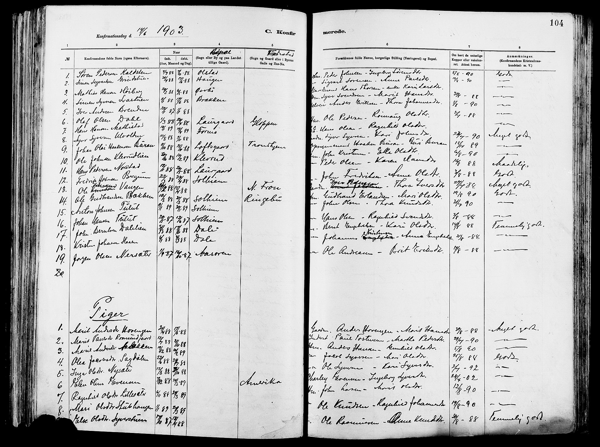 Vågå prestekontor, SAH/PREST-076/H/Ha/Haa/L0008: Parish register (official) no. 8, 1886-1904, p. 104