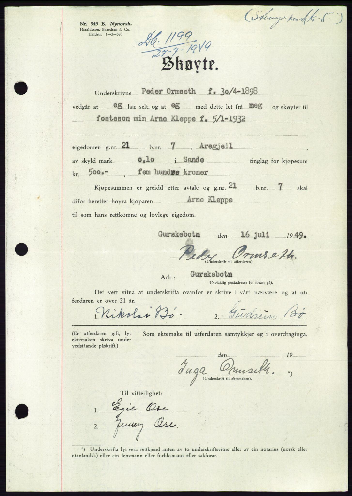 Søre Sunnmøre sorenskriveri, AV/SAT-A-4122/1/2/2C/L0084: Mortgage book no. 10A, 1949-1949, Diary no: : 1199/1949