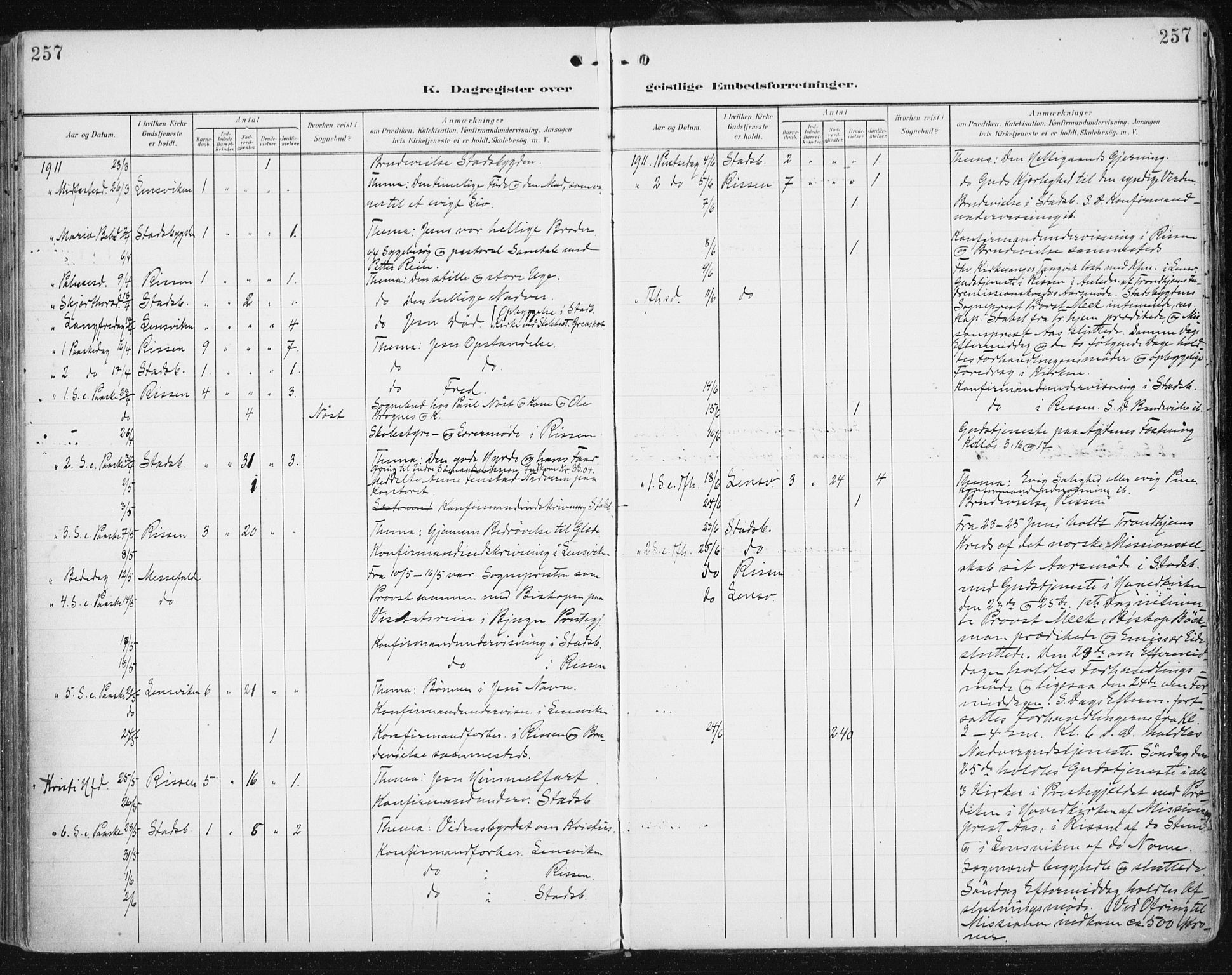 Ministerialprotokoller, klokkerbøker og fødselsregistre - Sør-Trøndelag, AV/SAT-A-1456/646/L0616: Parish register (official) no. 646A14, 1900-1918, p. 257