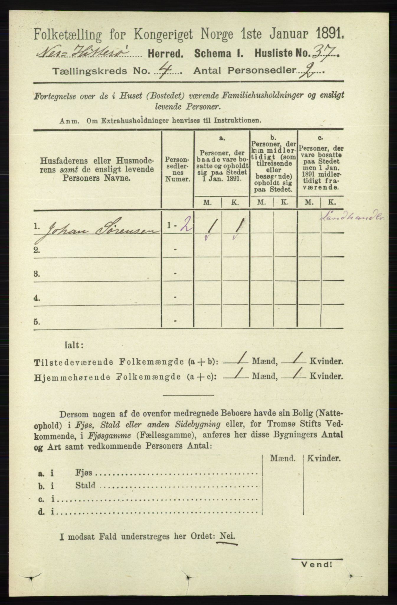 RA, 1891 census for 1043 Hidra og Nes, 1891, p. 1406