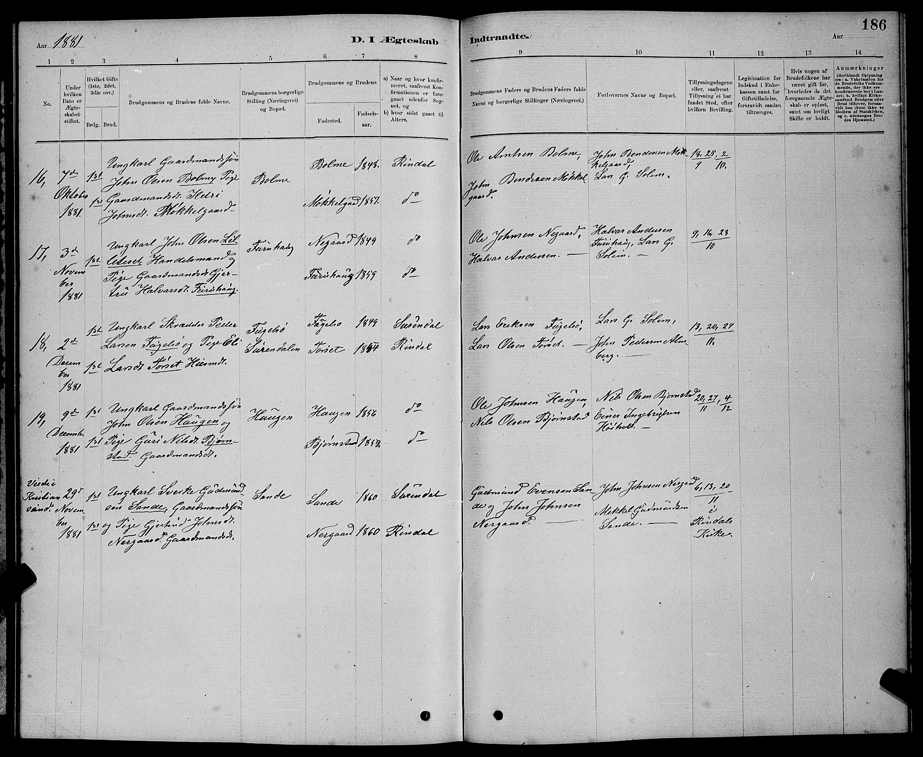 Ministerialprotokoller, klokkerbøker og fødselsregistre - Møre og Romsdal, AV/SAT-A-1454/598/L1077: Parish register (copy) no. 598C02, 1879-1891, p. 186