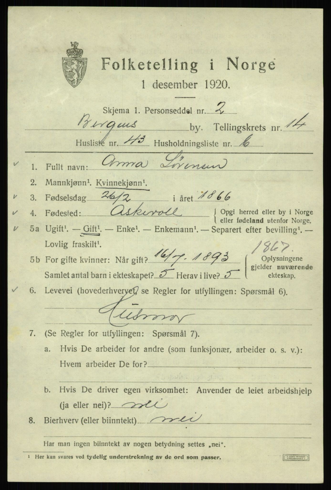 SAB, 1920 census for Bergen, 1920, p. 77045