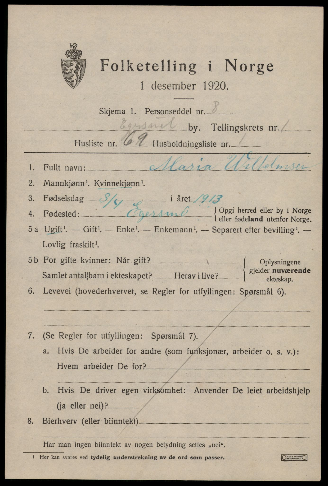 SAST, 1920 census for Egersund town, 1920, p. 3672