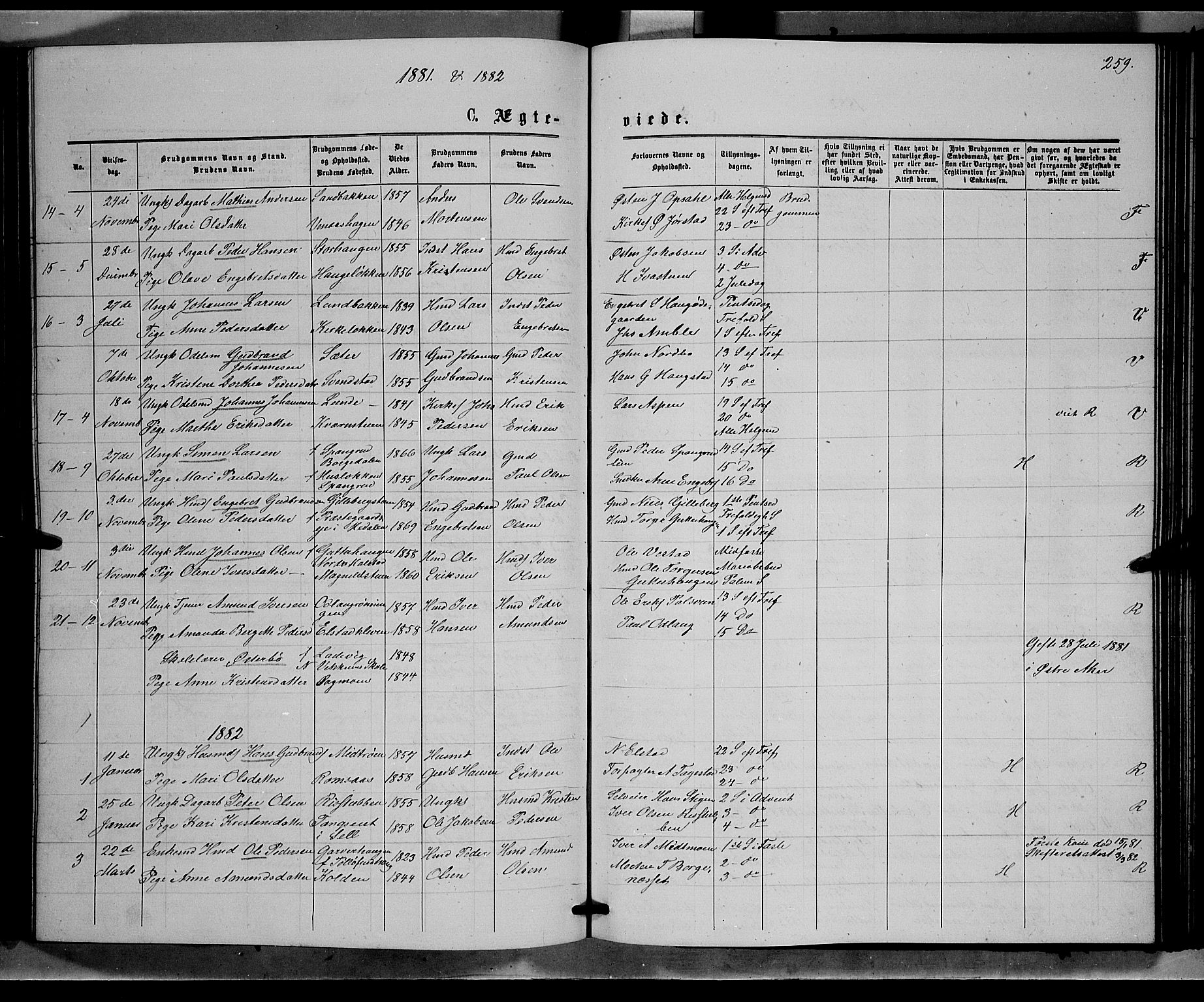 Ringebu prestekontor, SAH/PREST-082/H/Ha/Hab/L0006: Parish register (copy) no. 6, 1880-1898, p. 259