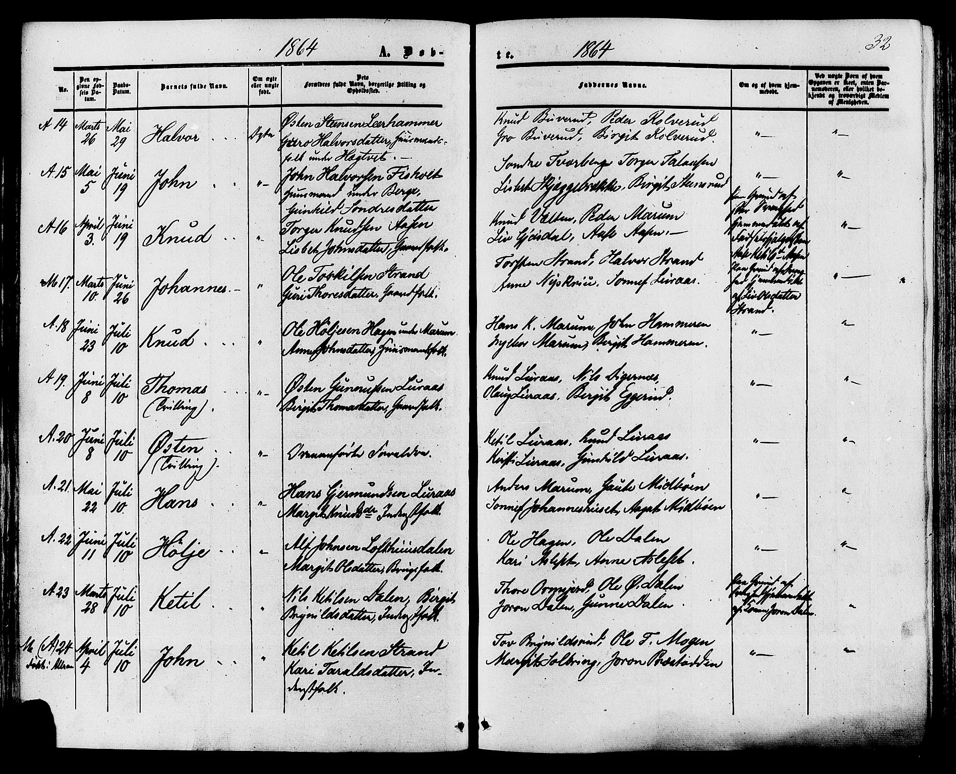 Tinn kirkebøker, SAKO/A-308/F/Fa/L0006: Parish register (official) no. I 6, 1857-1878, p. 32