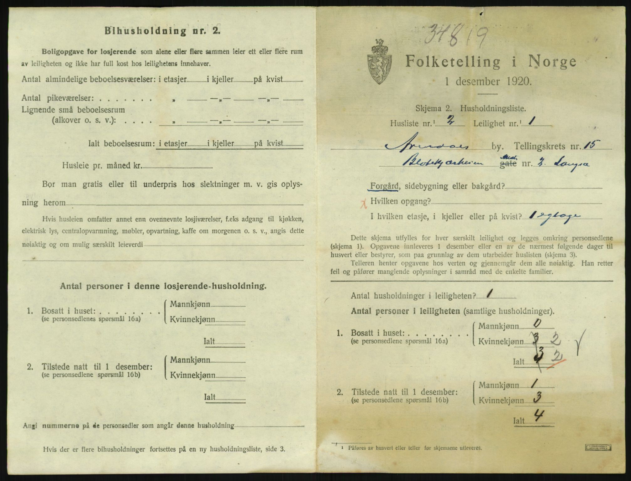 SAK, 1920 census for Arendal, 1920, p. 7220