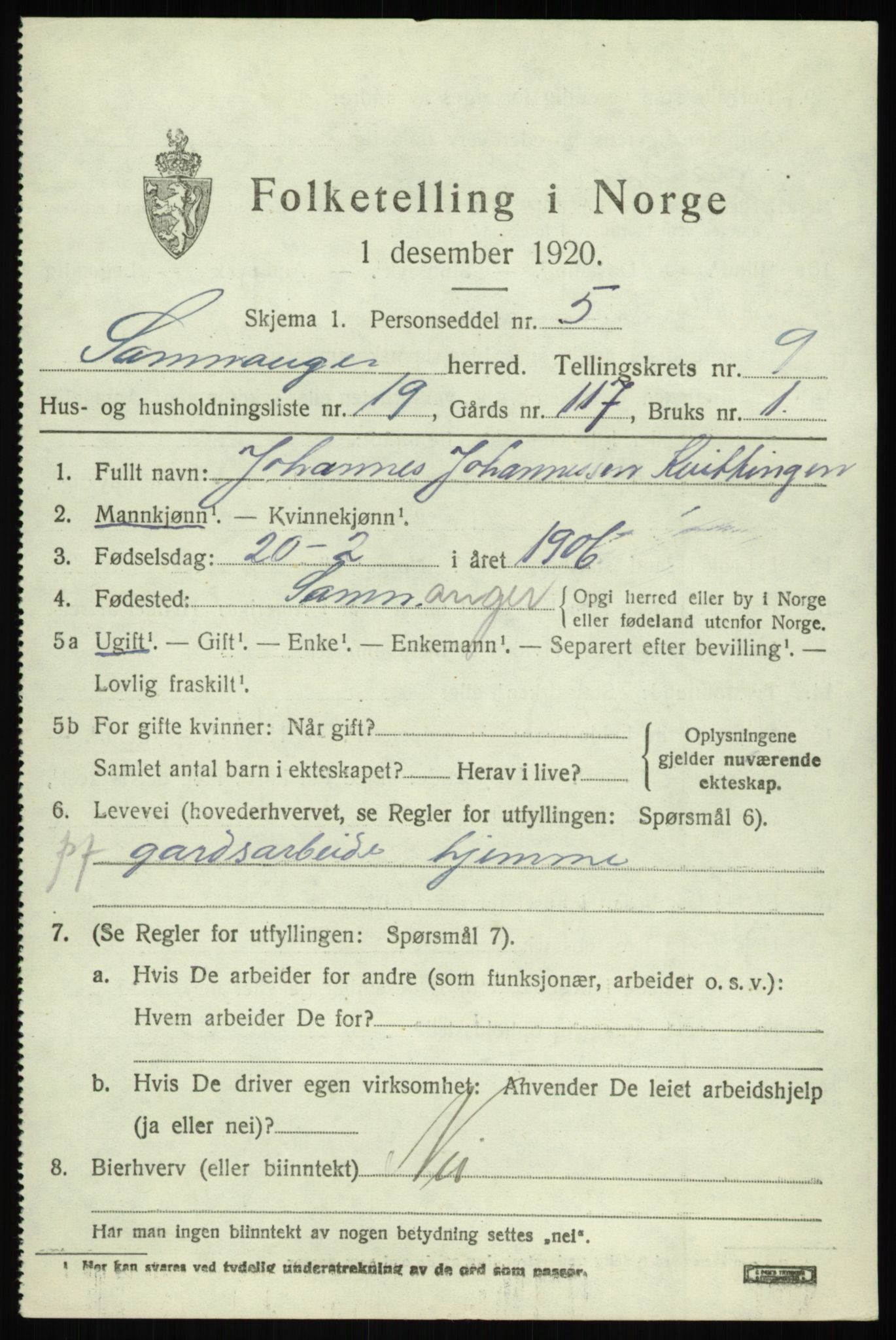 SAB, 1920 census for Samnanger, 1920, p. 4113