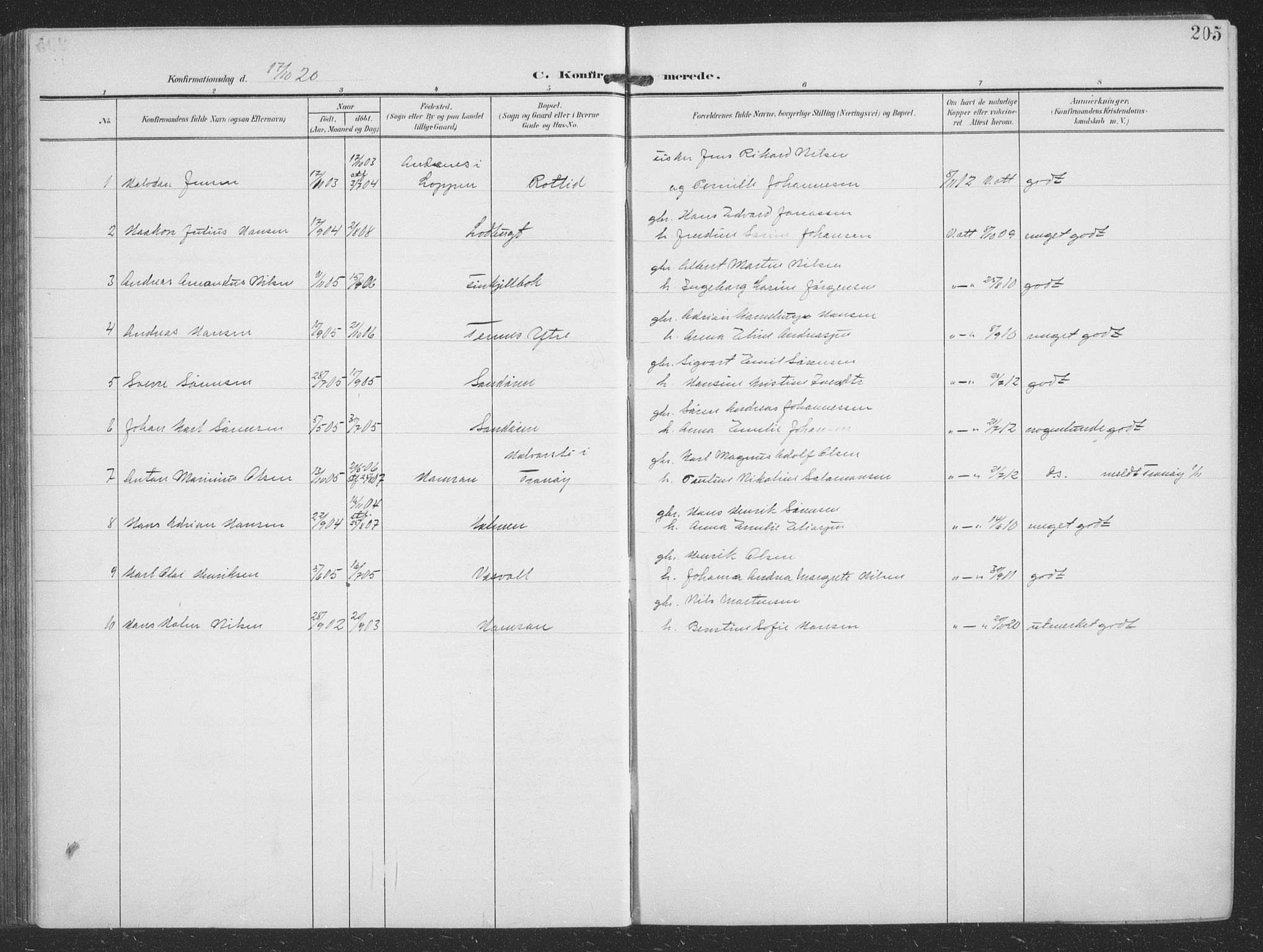 Balsfjord sokneprestembete, AV/SATØ-S-1303/G/Ga/L0009klokker: Parish register (copy) no. 9, 1906-1920, p. 205