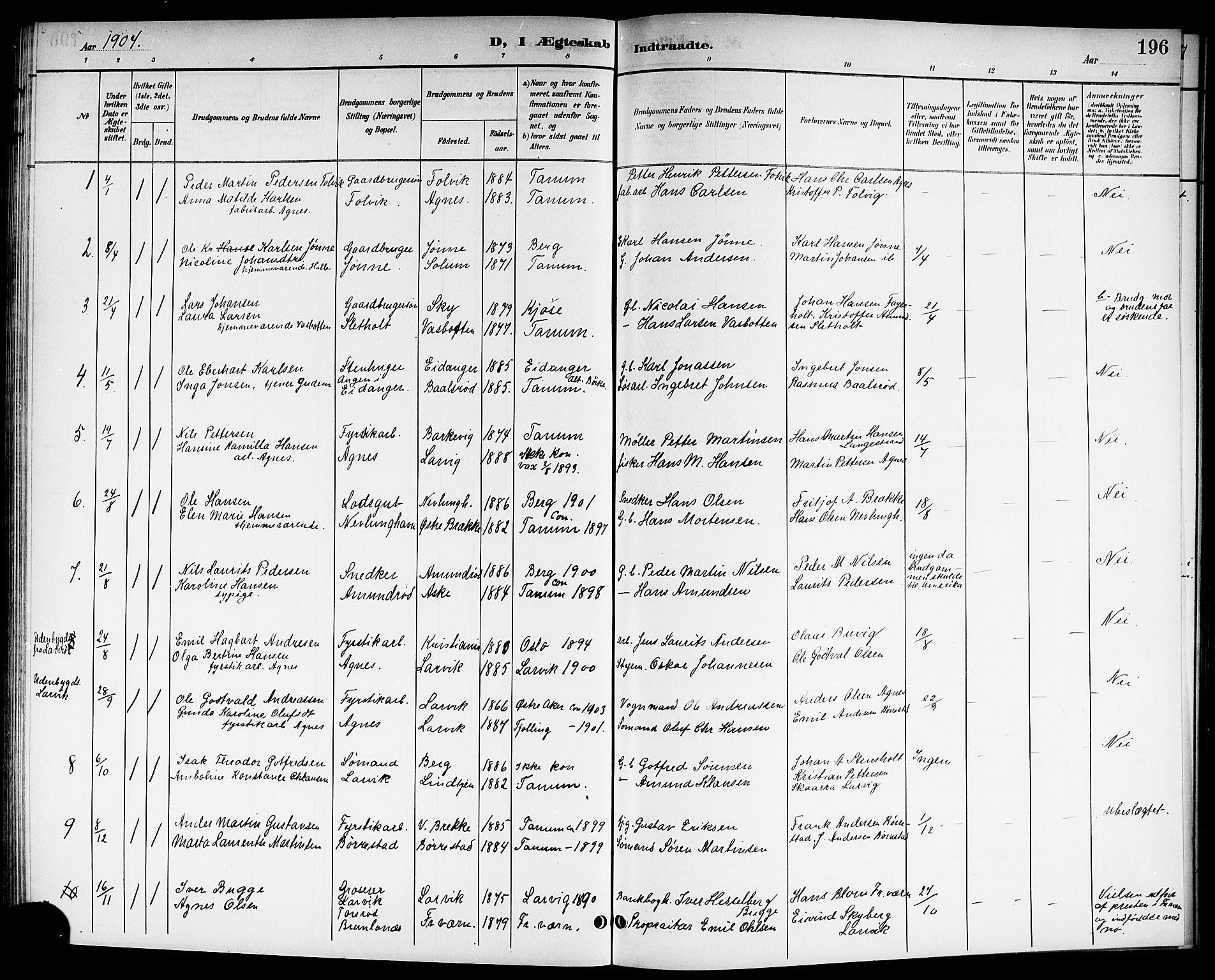 Brunlanes kirkebøker, SAKO/A-342/G/Ga/L0004: Parish register (copy) no. I 4, 1898-1921, p. 196