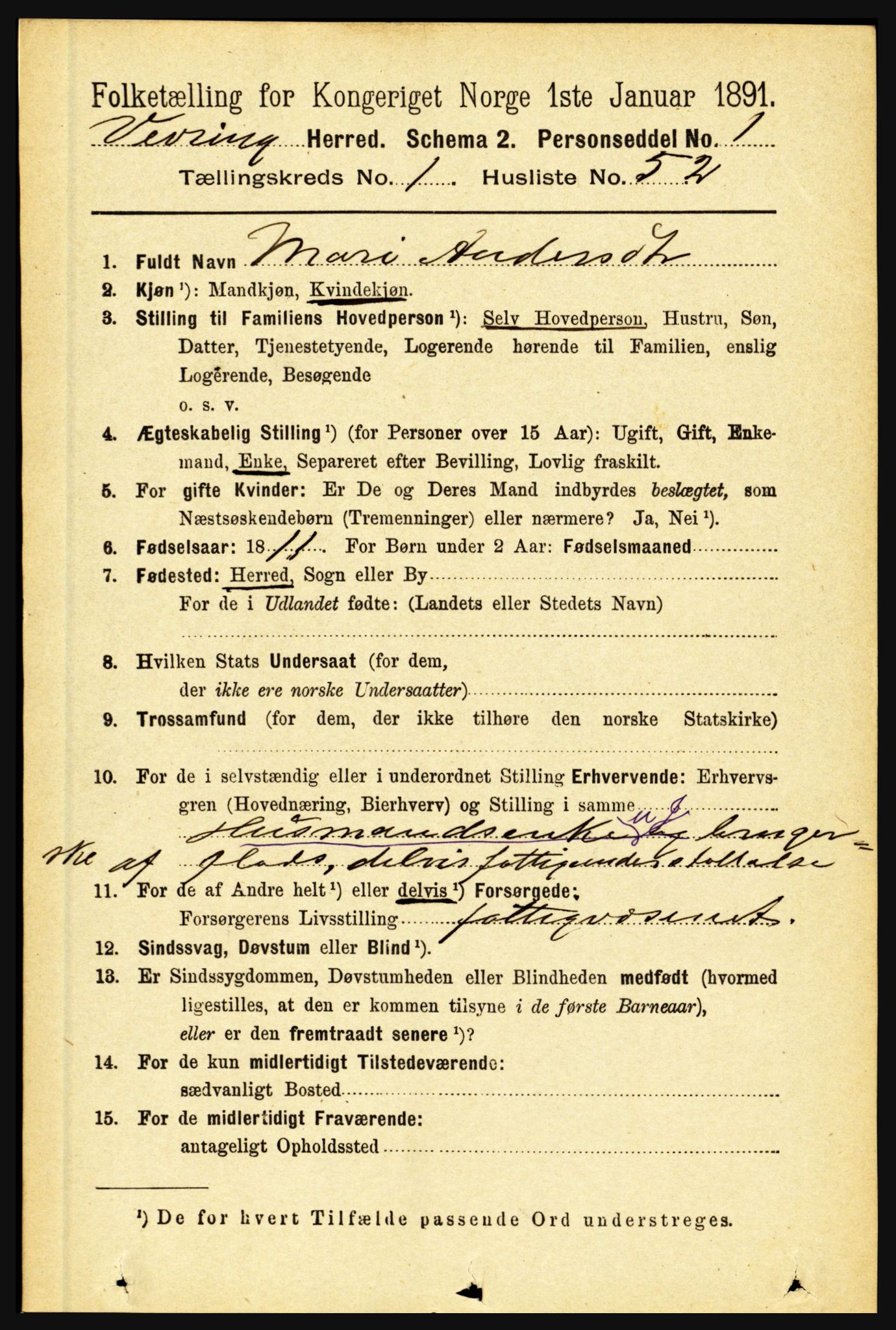 RA, 1891 census for 1434 Vevring, 1891, p. 366