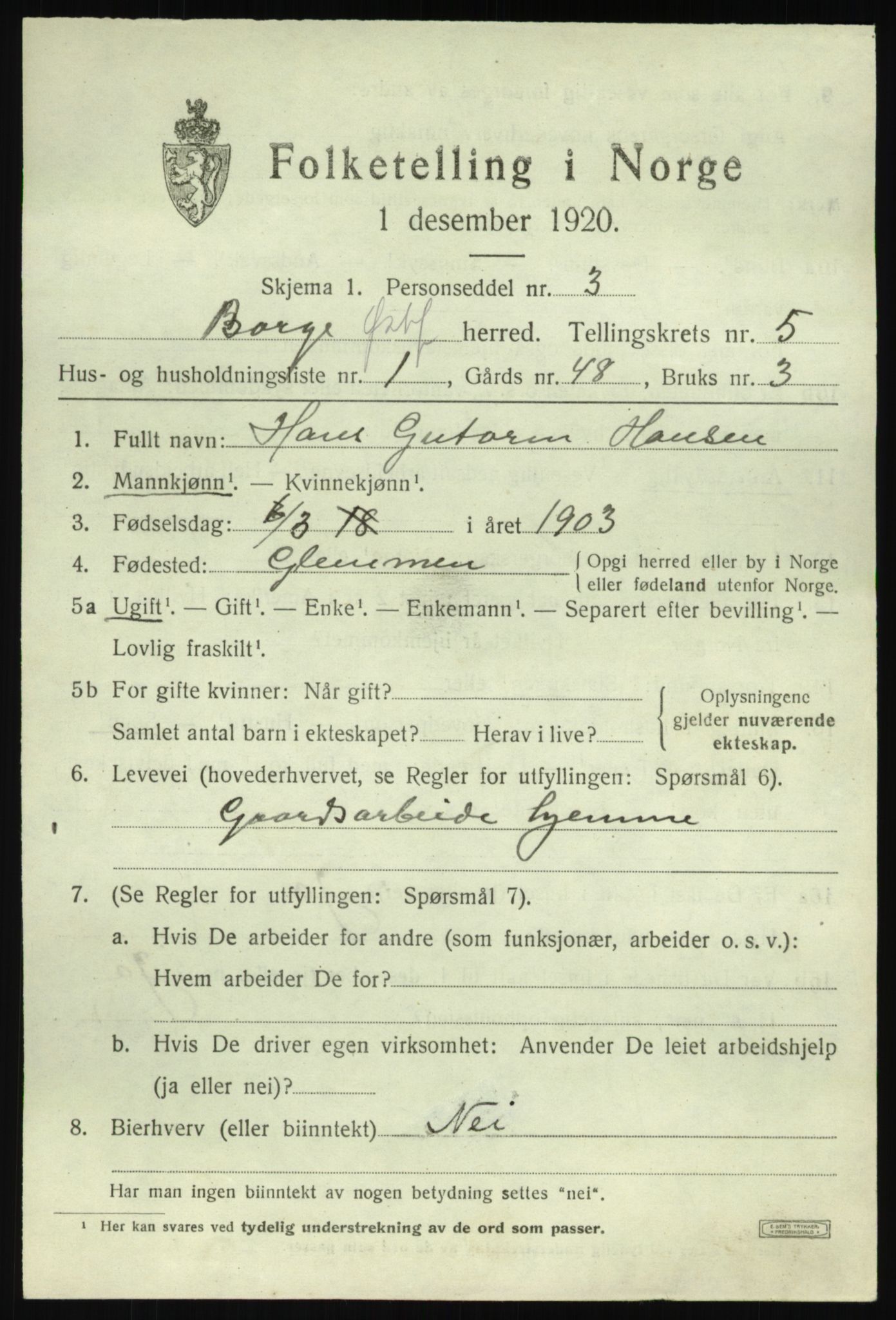 SAO, 1920 census for Borge, 1920, p. 11913