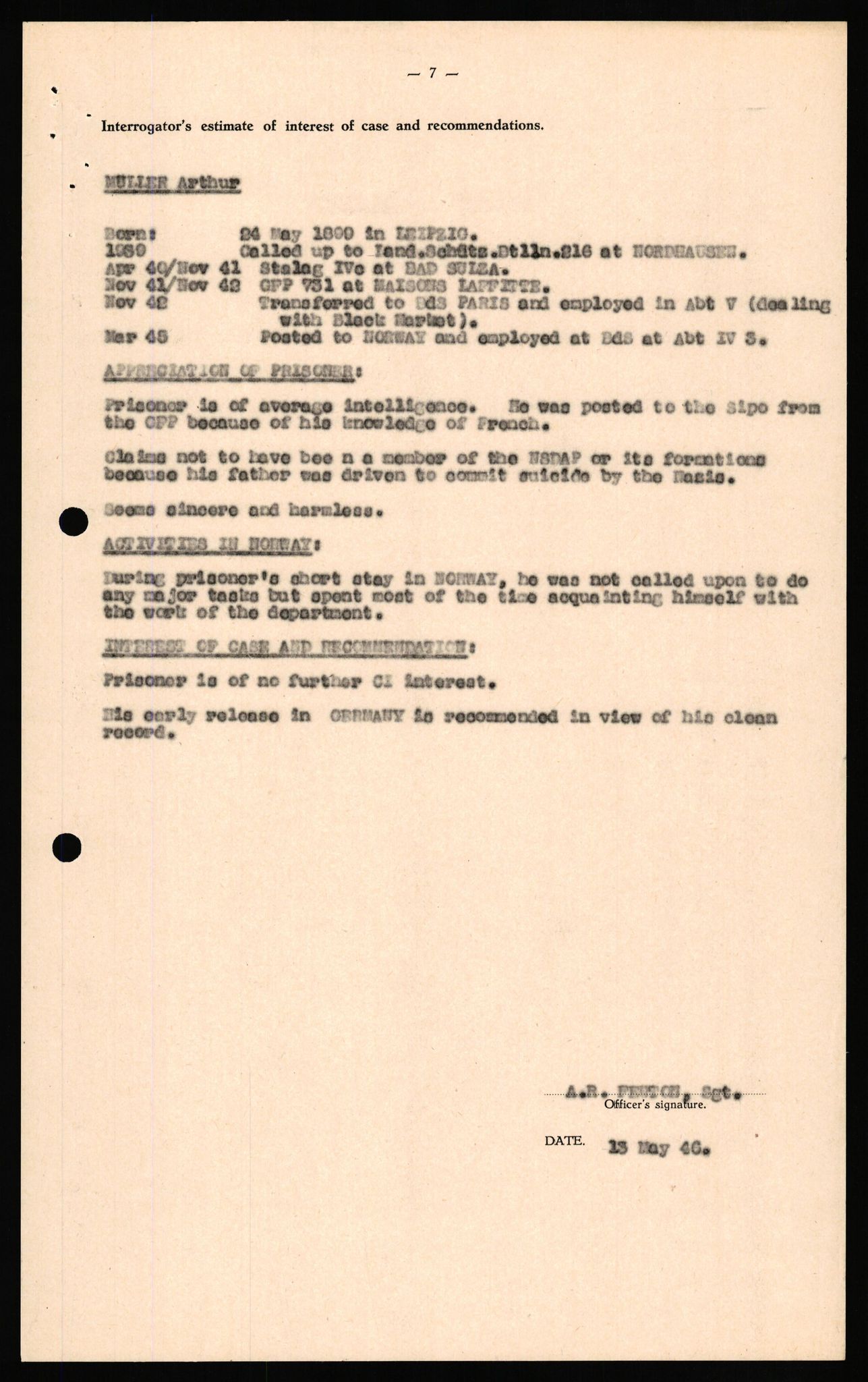 Forsvaret, Forsvarets overkommando II, RA/RAFA-3915/D/Db/L0023: CI Questionaires. Tyske okkupasjonsstyrker i Norge. Tyskere., 1945-1946, p. 8