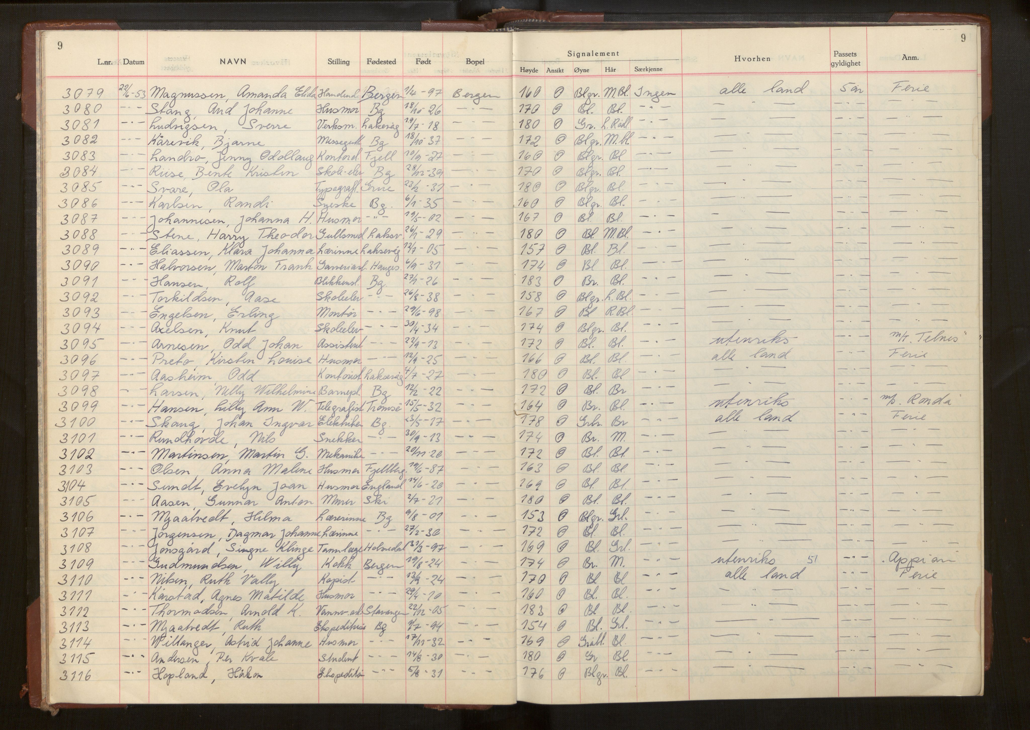 Bergen politikammer / politidistrikt, SAB/A-60401/L/La/Lab/L0020: Passprotokoll, 1953-1955