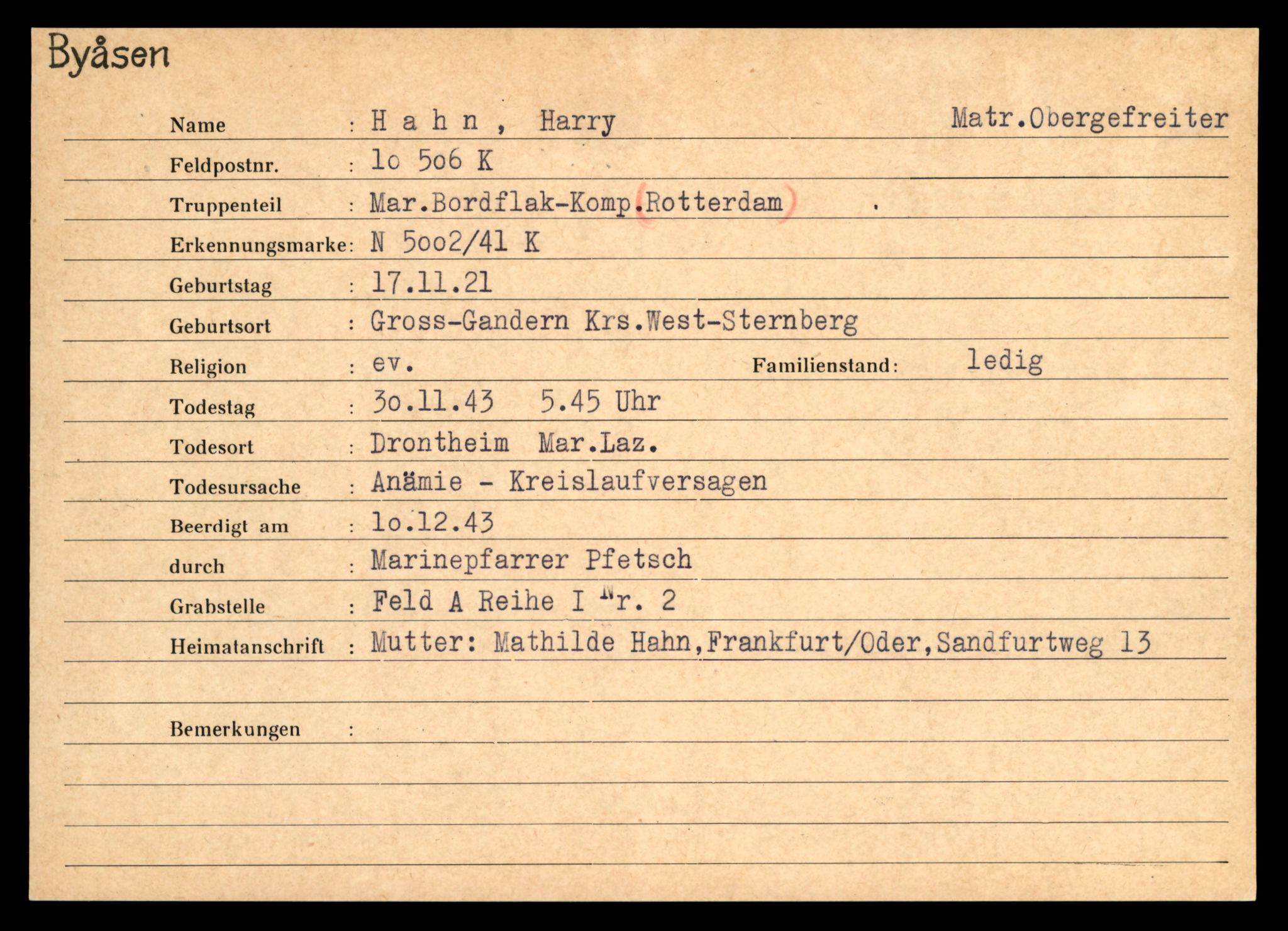 Distriktskontoret for krigsgraver, AV/SAT-A-5030/E/L0004: Kasett/kartotek over tysk Krigskirkegård på Byåsen, 1945, p. 581