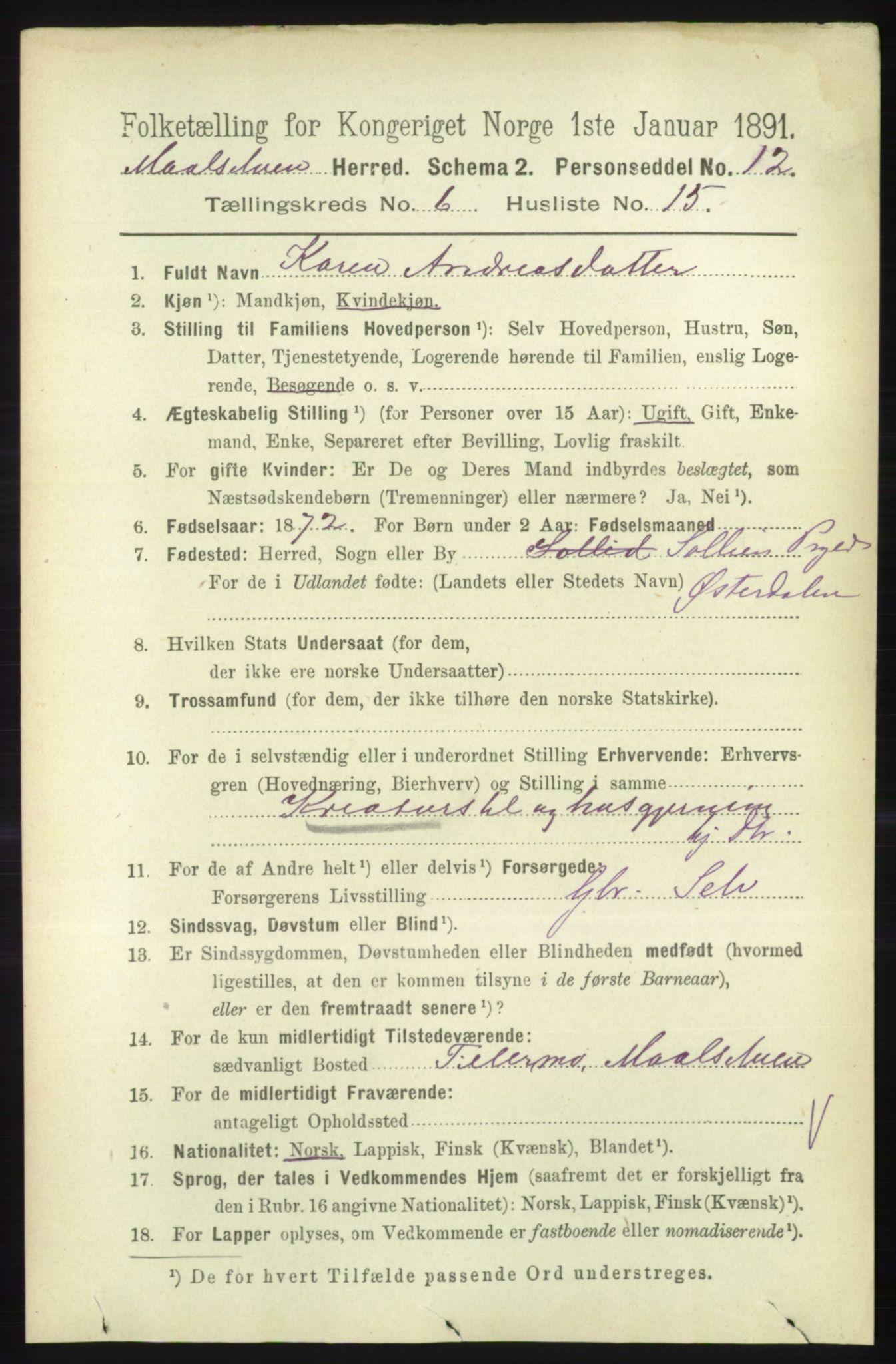 RA, 1891 census for 1924 Målselv, 1891, p. 2155