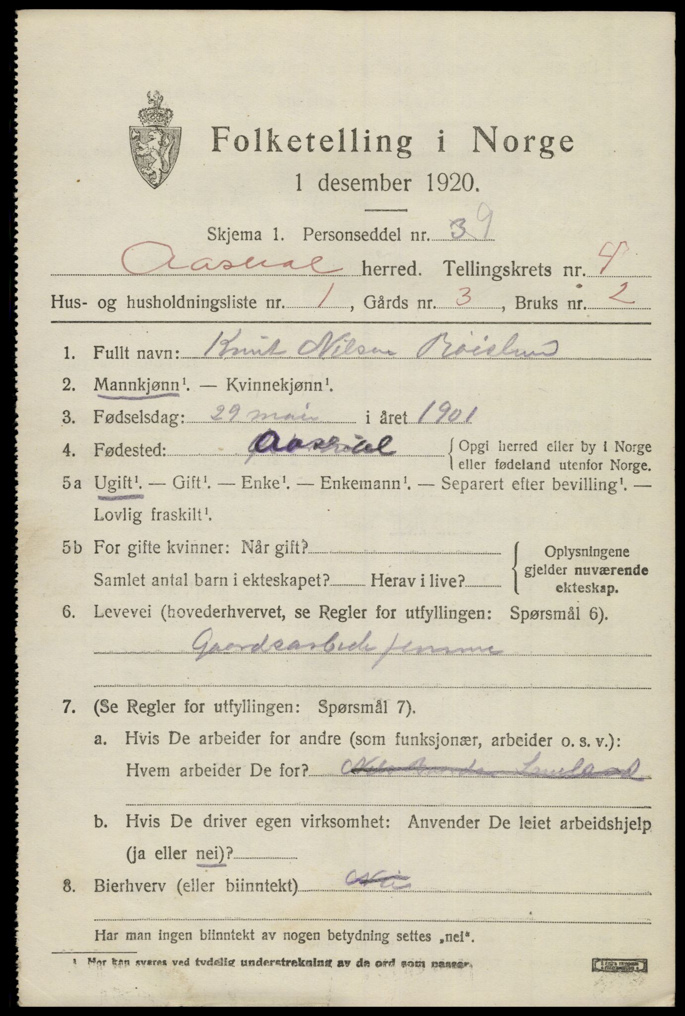 SAK, 1920 census for Åseral, 1920, p. 1202