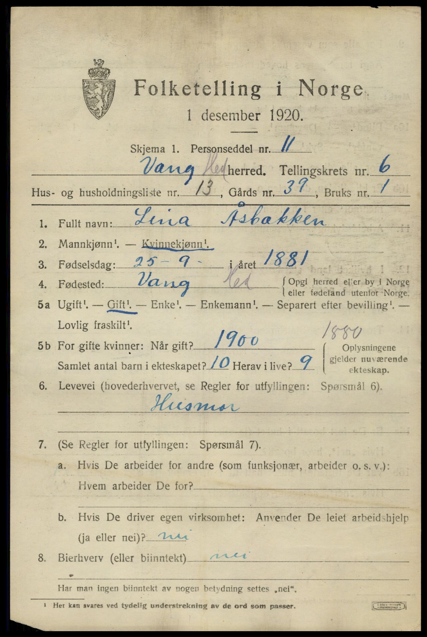 SAH, 1920 census for Vang (Hedmark), 1920, p. 15365