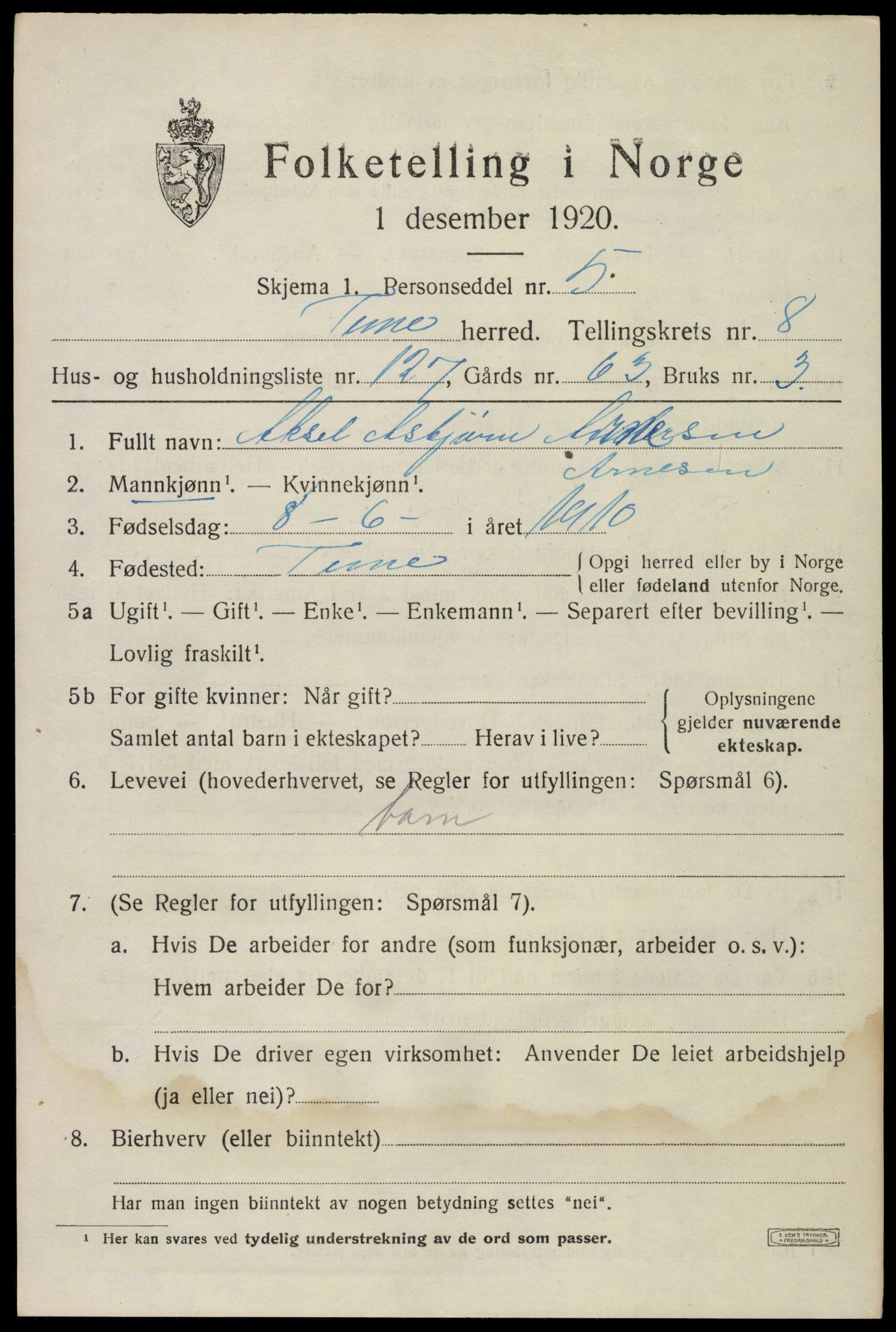 SAO, 1920 census for Tune, 1920, p. 8906