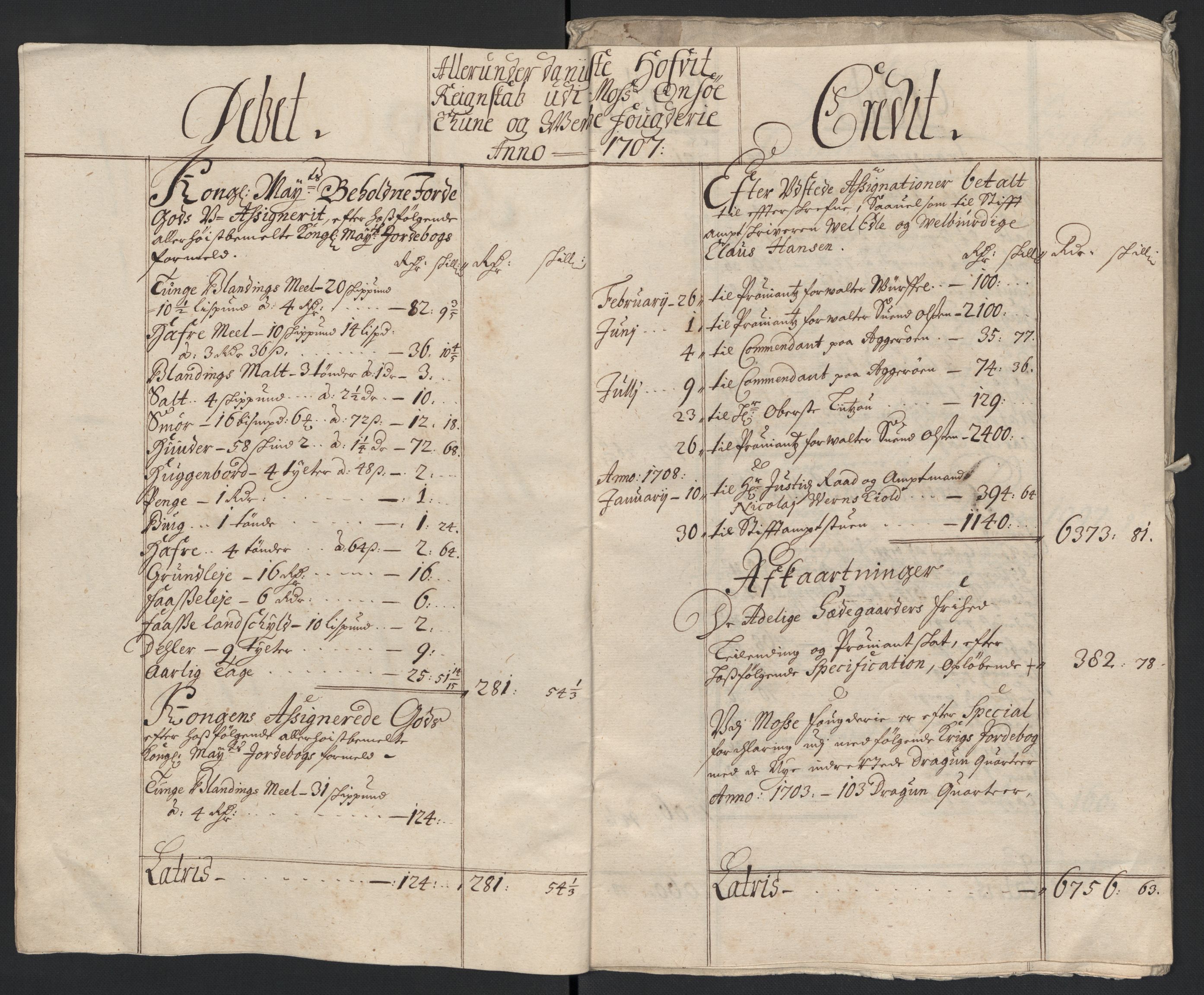 Rentekammeret inntil 1814, Reviderte regnskaper, Fogderegnskap, AV/RA-EA-4092/R04/L0134: Fogderegnskap Moss, Onsøy, Tune, Veme og Åbygge, 1707-1708, p. 6