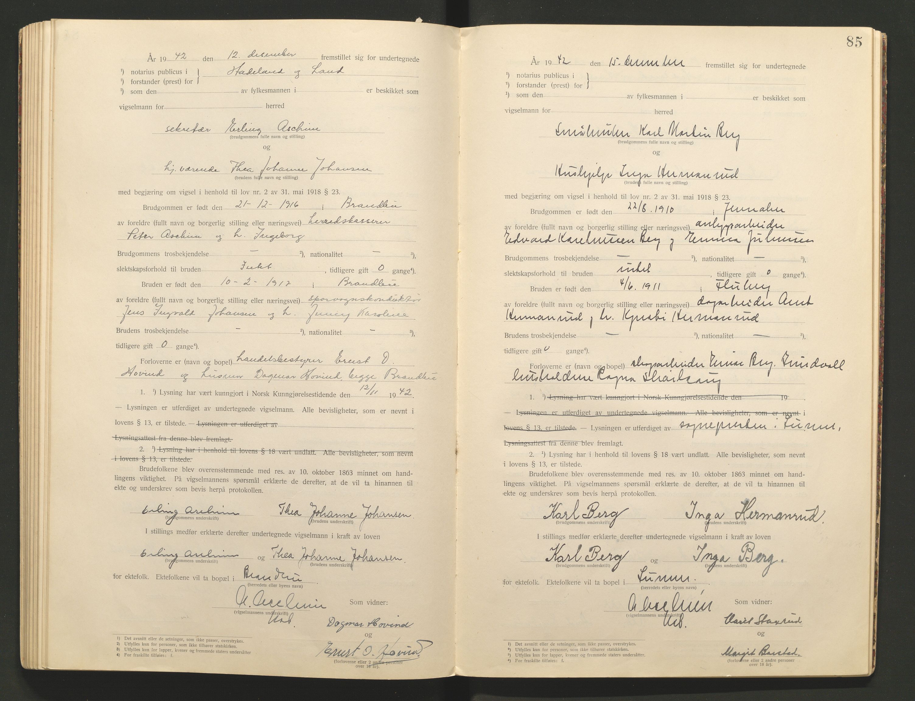 Hadeland og Land tingrett, AV/SAH-TING-010/L/Lb/L0001: Vigselbok, 1920-1943, p. 85
