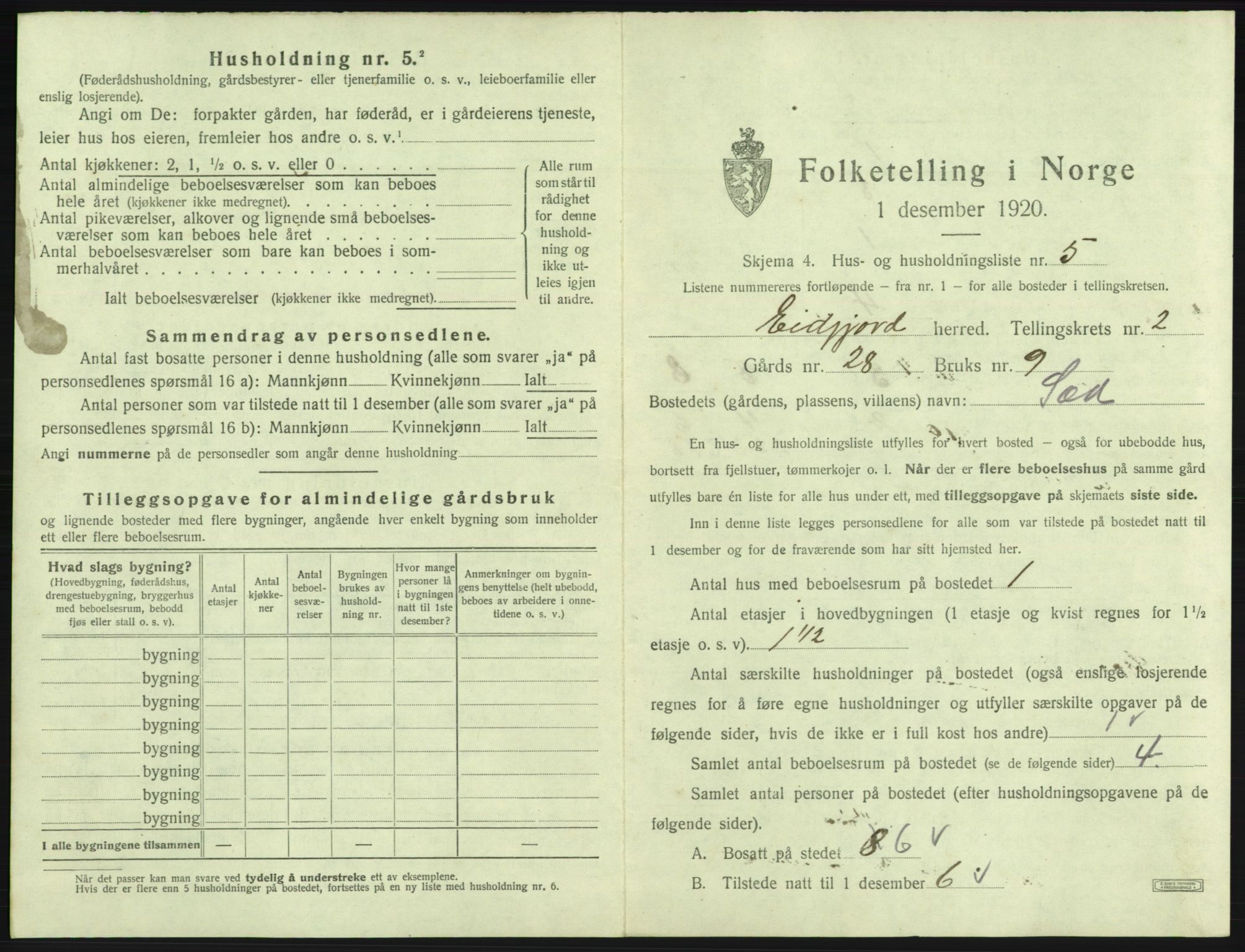 SAB, 1920 census for Eidfjord, 1920, p. 95