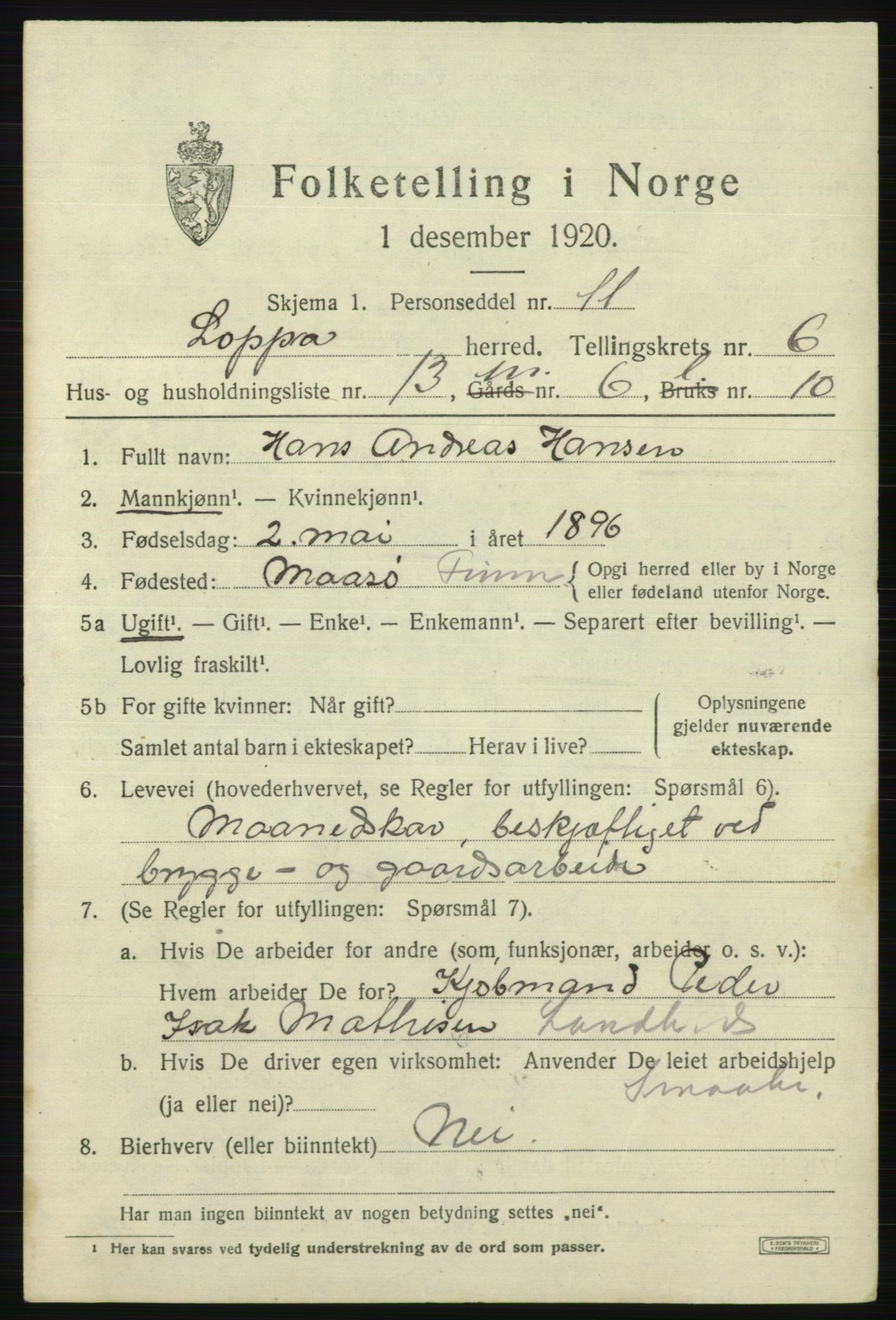 SATØ, 1920 census for Loppa, 1920, p. 2694
