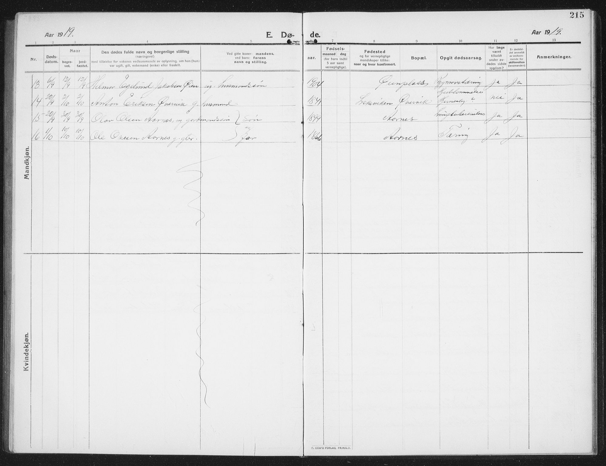 Ministerialprotokoller, klokkerbøker og fødselsregistre - Nord-Trøndelag, AV/SAT-A-1458/774/L0630: Parish register (copy) no. 774C01, 1910-1934, p. 215