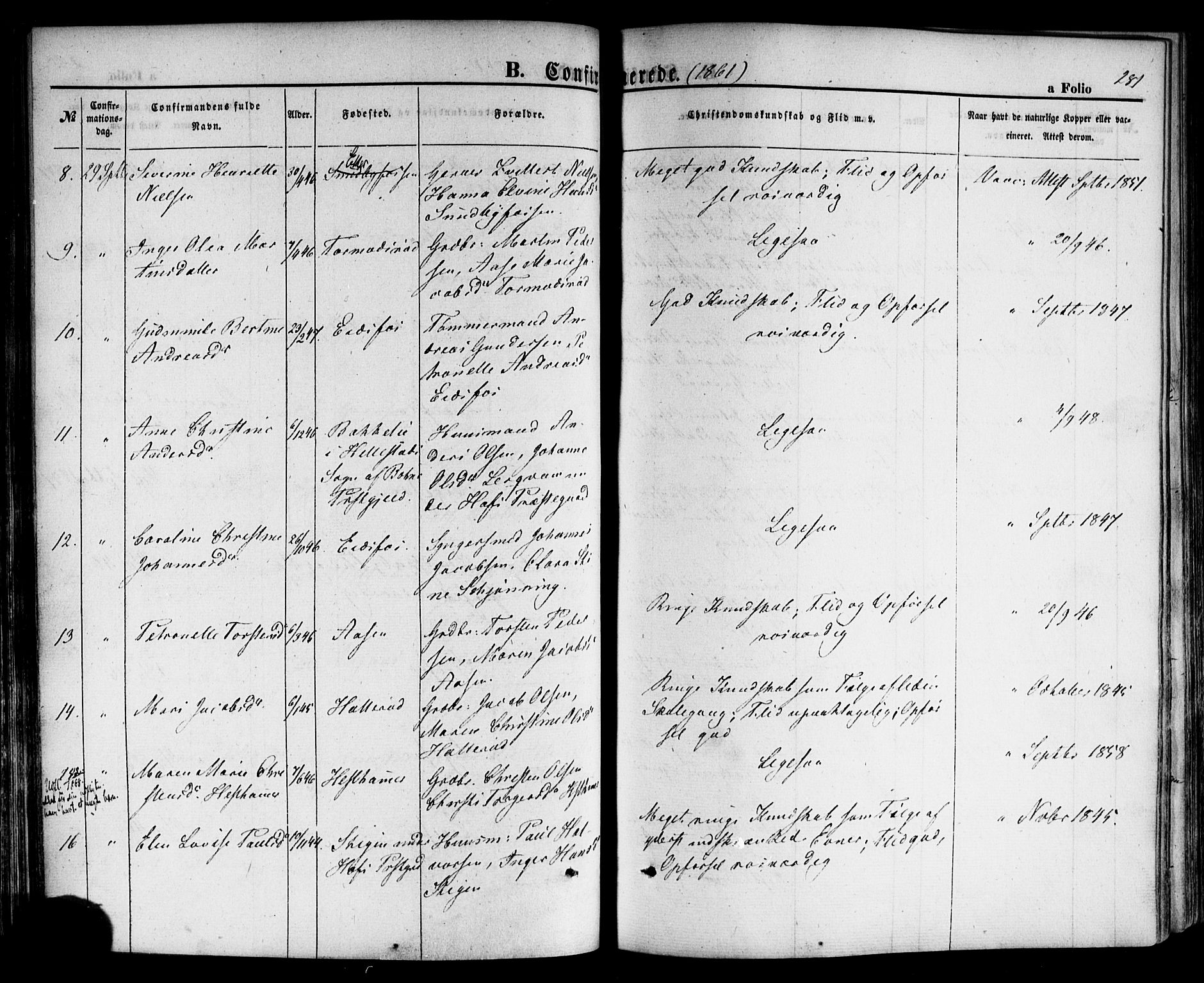 Hof kirkebøker, AV/SAKO-A-64/F/Fa/L0006: Parish register (official) no. I 6, 1851-1877, p. 281