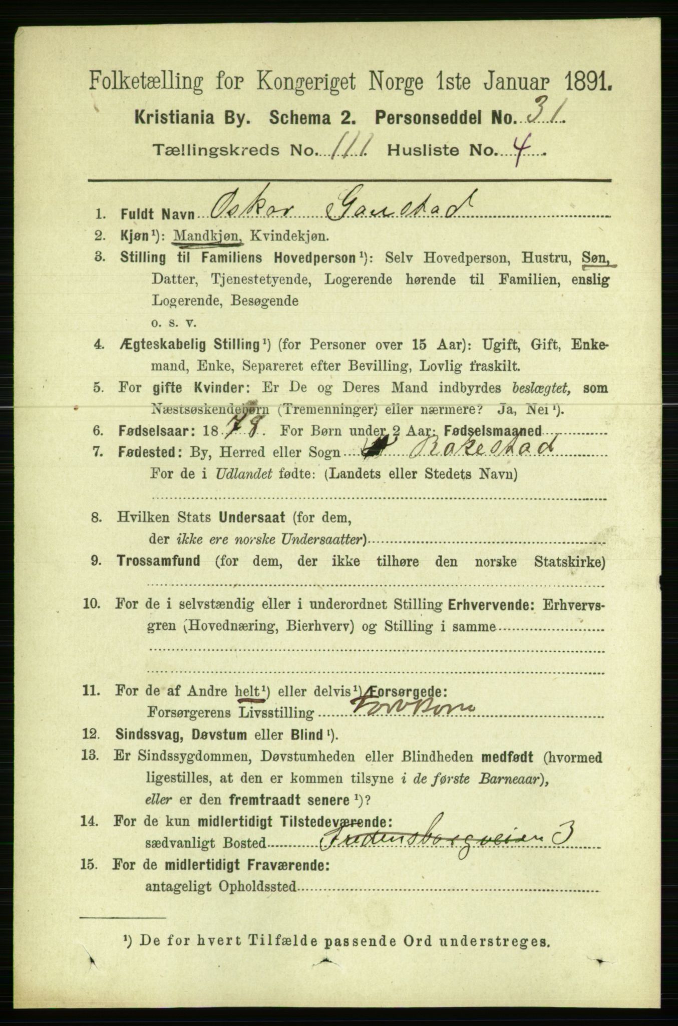 RA, 1891 census for 0301 Kristiania, 1891, p. 58019