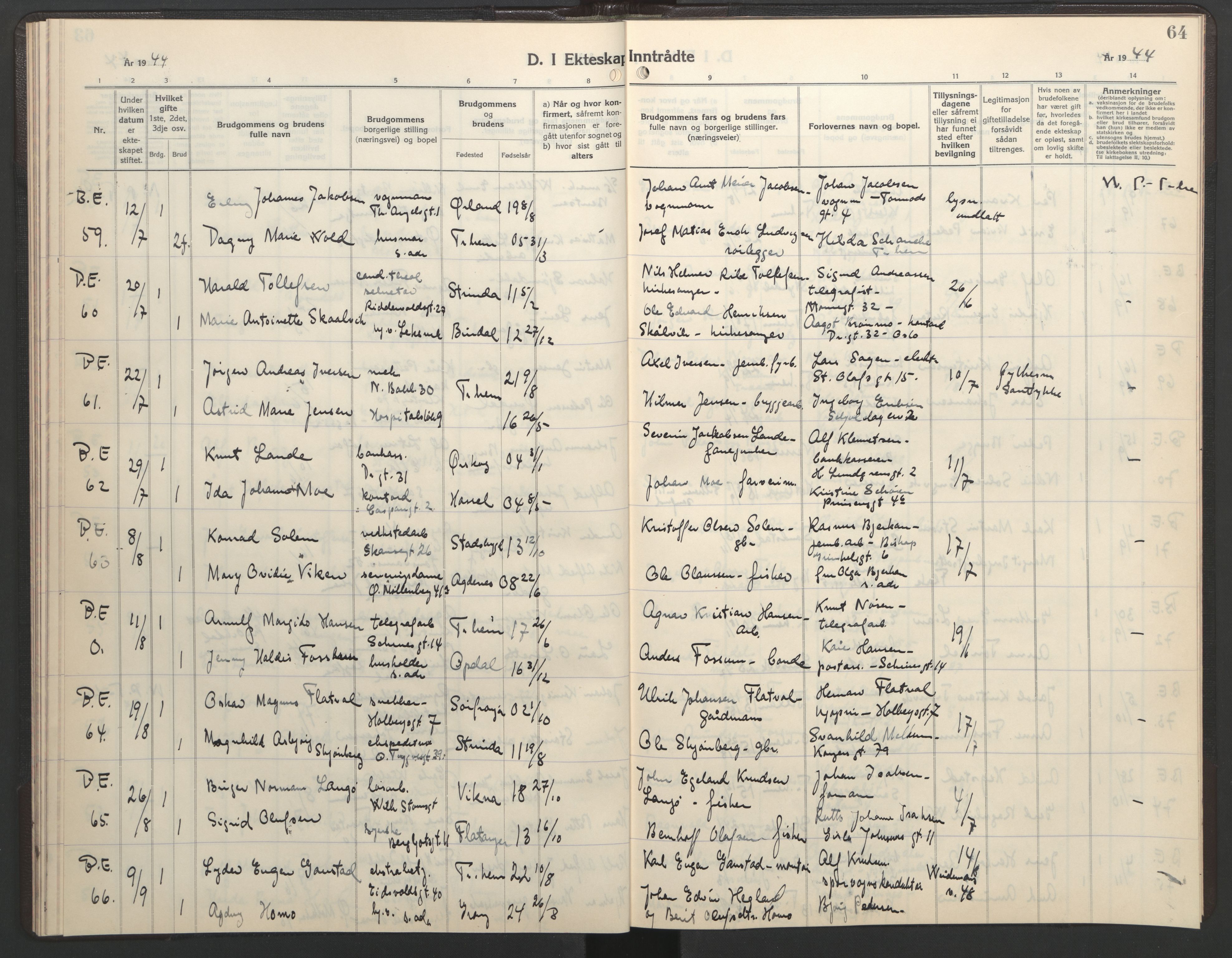 Ministerialprotokoller, klokkerbøker og fødselsregistre - Sør-Trøndelag, AV/SAT-A-1456/602/L0154: Parish register (copy) no. 602C22, 1940-1947, p. 64