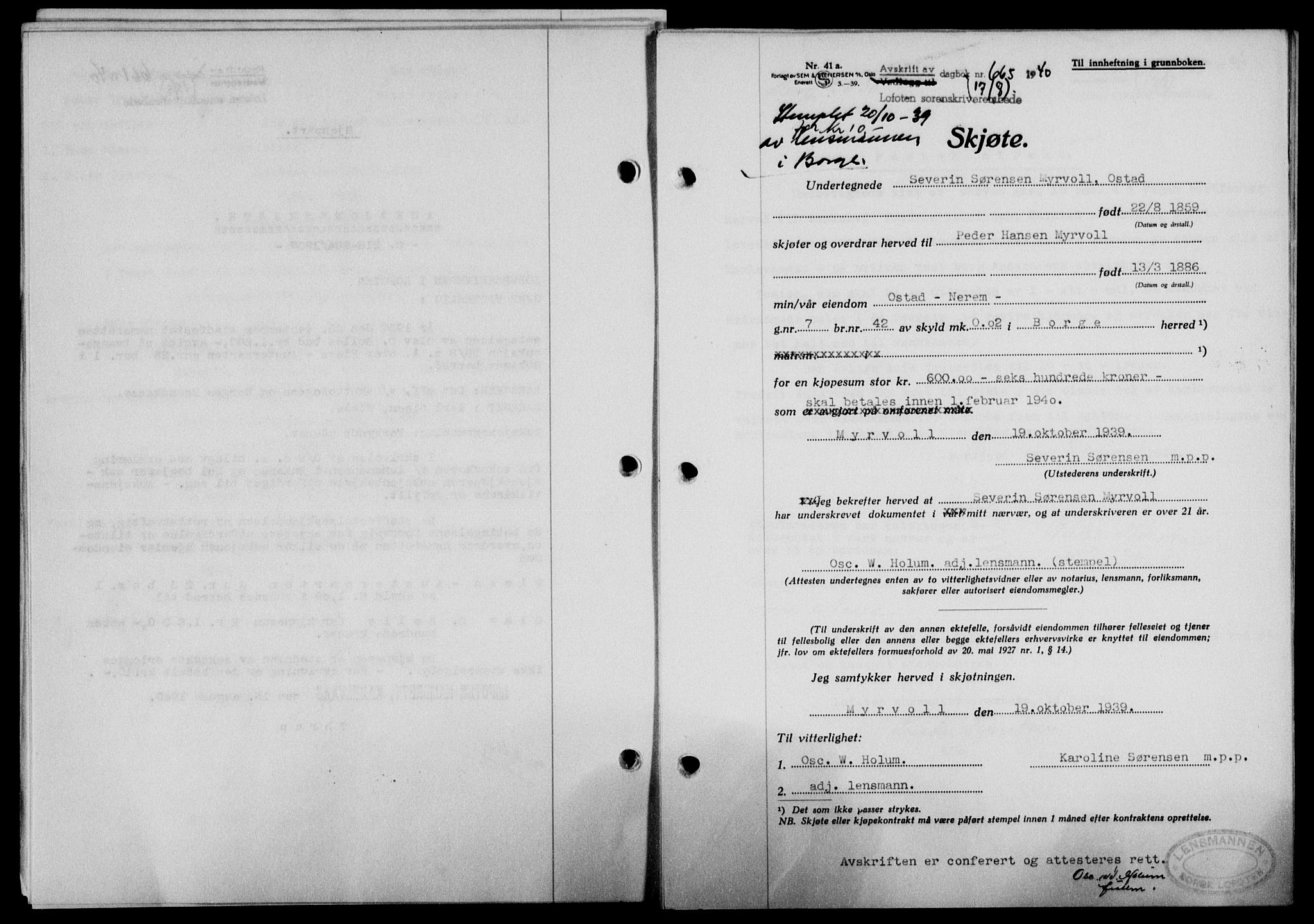 Lofoten sorenskriveri, SAT/A-0017/1/2/2C/L0007a: Mortgage book no. 7a, 1939-1940, Diary no: : 664/1940