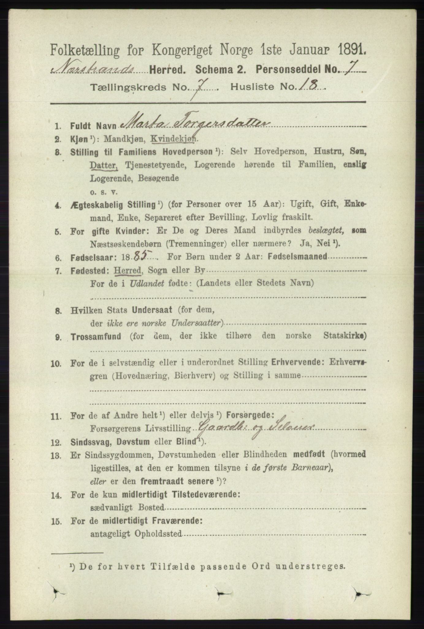 RA, 1891 census for 1139 Nedstrand, 1891, p. 1280
