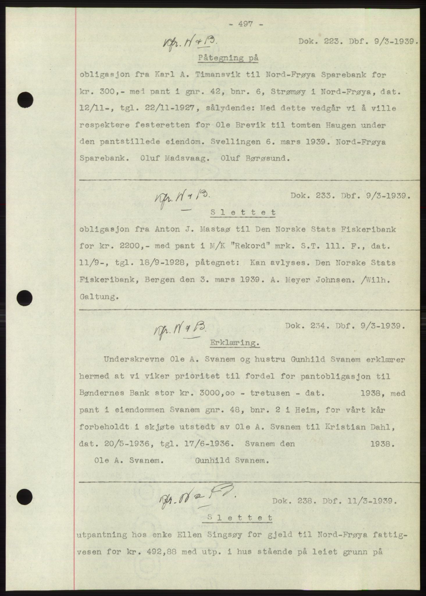 Hitra sorenskriveri, AV/SAT-A-0018/2/2C/2Ca: Mortgage book no. C1, 1936-1945, Diary no: : 223/1939