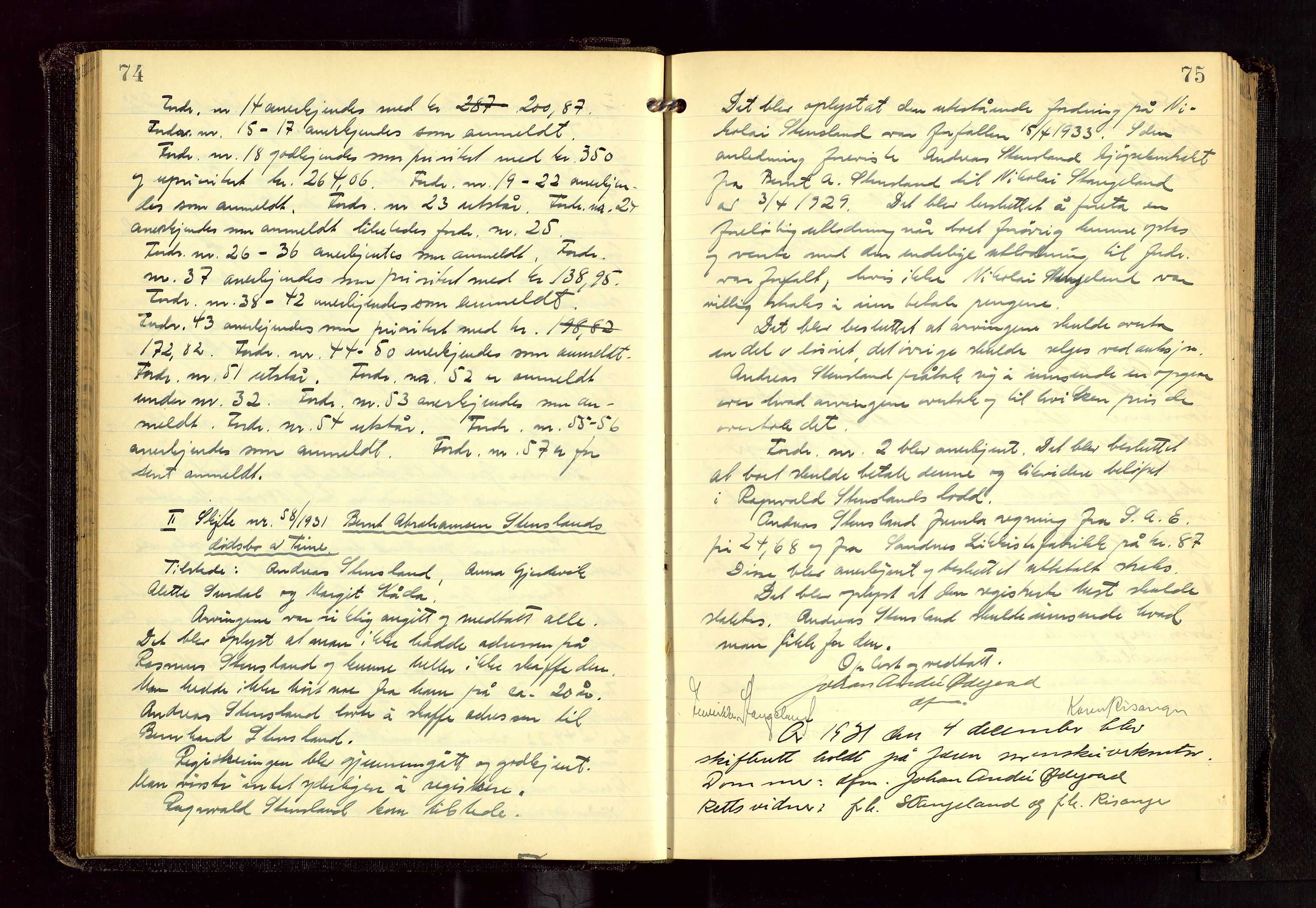Jæren sorenskriveri, AV/SAST-A-100310/01/5/53/53BA/L0006: SKIFTEFORHANDLINGSPROTOKOLL, 1931-1935, p. 74-75