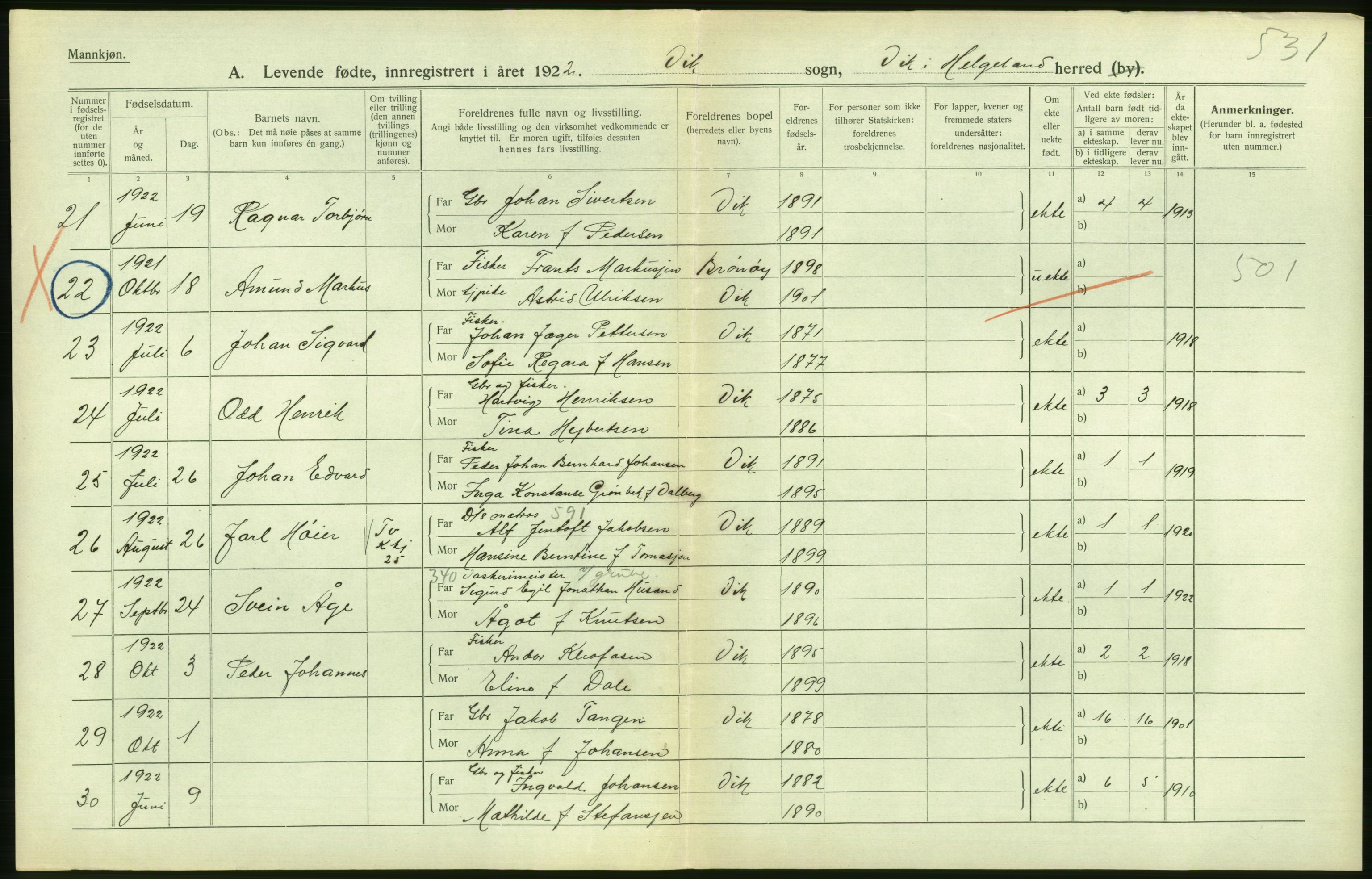 Statistisk sentralbyrå, Sosiodemografiske emner, Befolkning, AV/RA-S-2228/D/Df/Dfc/Dfcb/L0044: Nordland fylke: Levendefødte menn og kvinner. Bygder og byer., 1922, p. 504