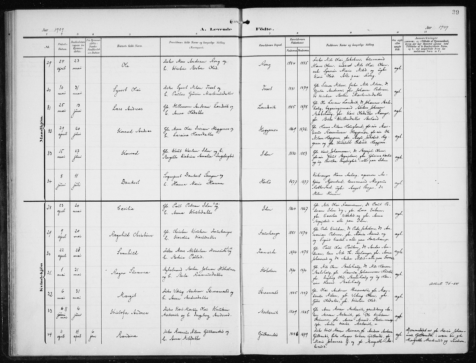 Herdla Sokneprestembete, AV/SAB-A-75701/H/Haa: Parish register (official) no. A 5, 1905-1918, p. 39